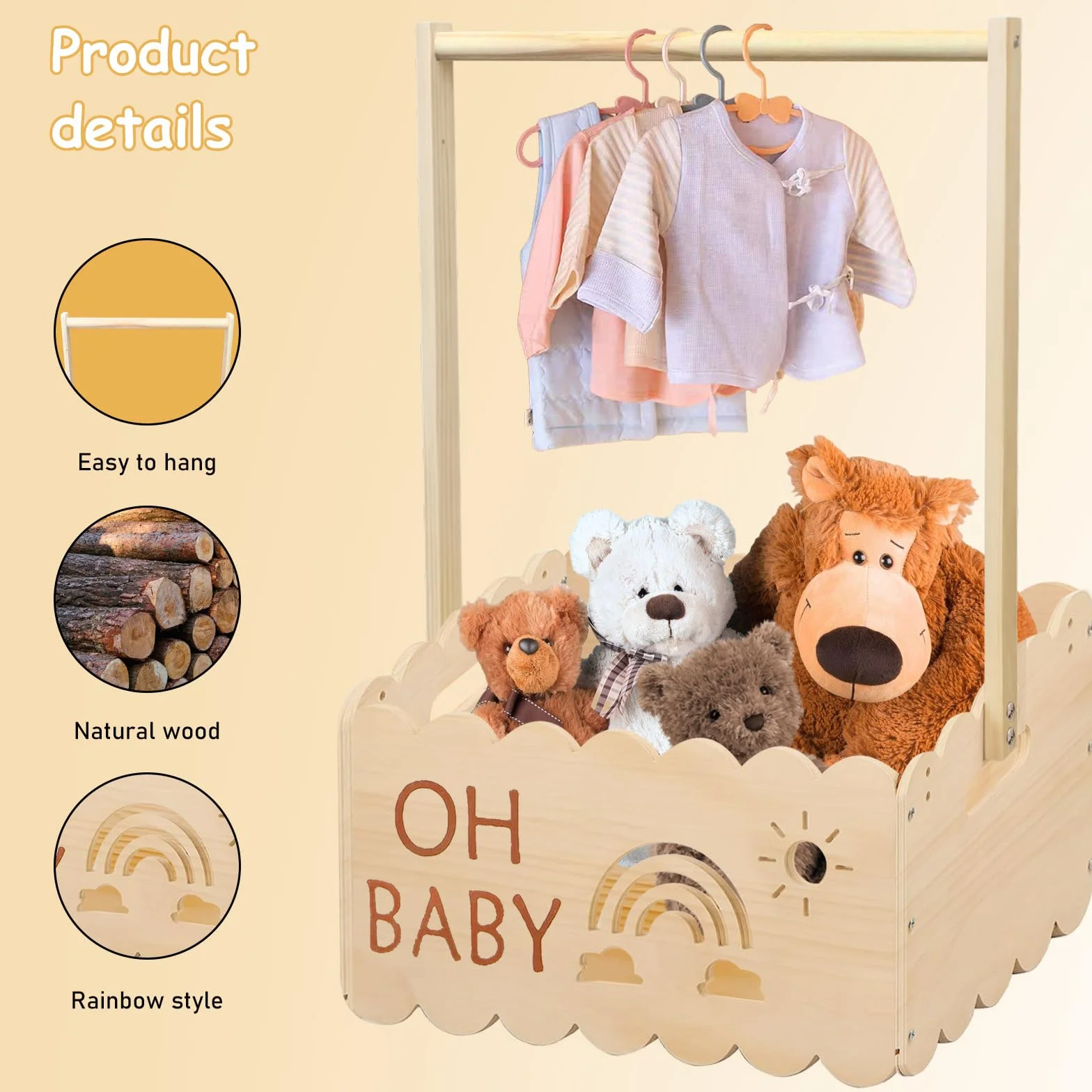 Drewniany kosz na prezent dla niemowląt z uchwytem, drewniana skrzynka na baby shower, skrzynia na baby shower, wieszak na ubrania dla dzieci, kosz do przechowywania niemowląt, spersonalizowany kosz