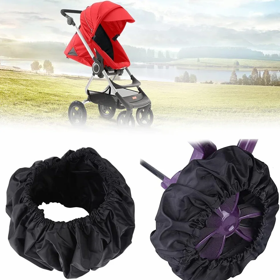 Kinderwagen Radabdeckung, 4 Stück Oxford Stoff Kinderwagen Staubdichte Fußabdeckung Radschutzabdeckung Kinderwagen Zubehör(L-Schwarz)