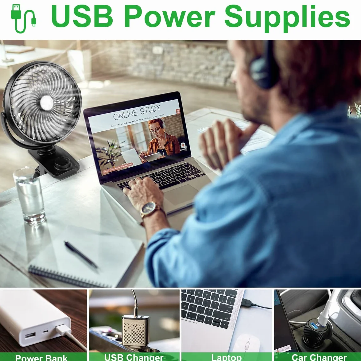 ELZO Wentylator biurkowy USB, mini klips 5000 mAh, automatyczna oscylacja, obrót o 360°, bezstopniowa prędkość, super cichy, przenośny, do wózka biurowego, samochodu, na kemping, podróż, czarny