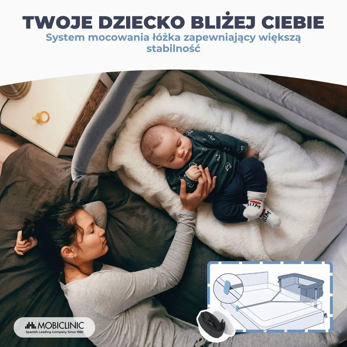 Mobiclinic®, Kołyska do wspólnego snu, Niemowlę, 2 w 1, System Mocowania łóżka, Regulowana na 5 wysokości, Torba transportowa, Zestaw zawiera koł, Oddychająca siatka, Moon