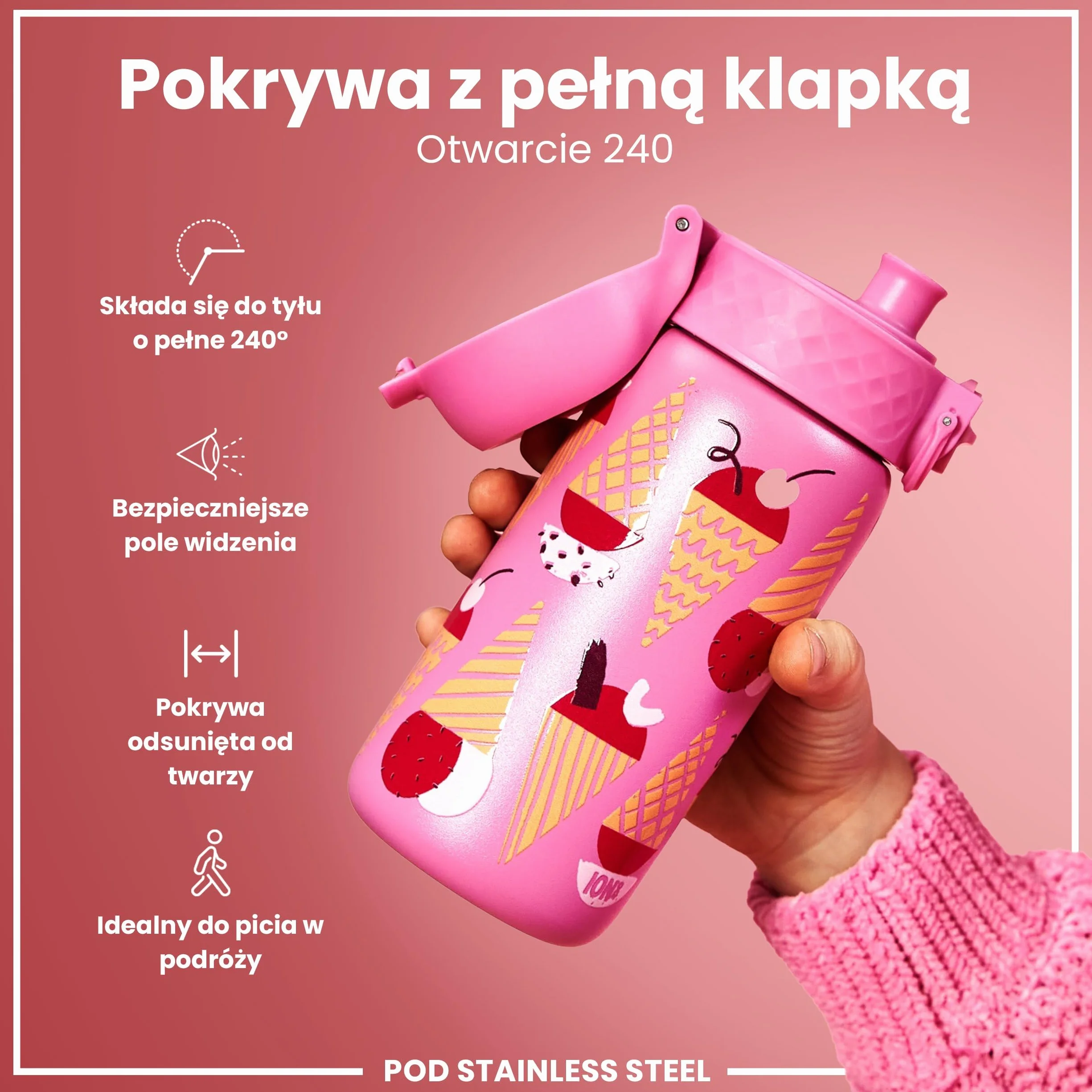 ION8 Butelka na Wodę dla Dzieci ze Lekki Stali, 400 ml/13 oz, Nieocieplany, Szczelna, Łatwa do Otwarcia, Bezpieczny Zamek, Można Myć w Zmywarce, Składany Uchwyt, Łatwa w Czyszczeniu, Lody