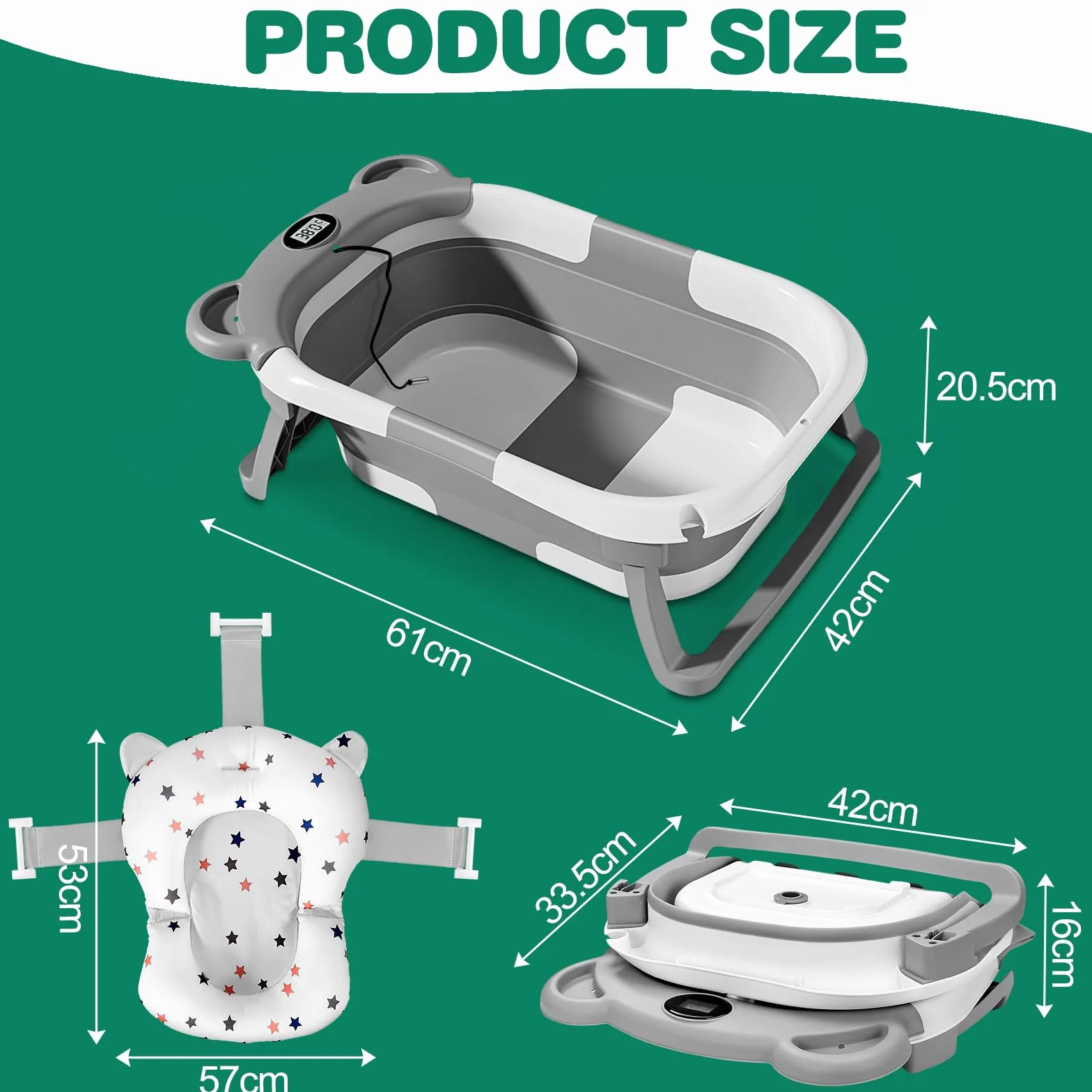Baby wanna, składana wanna dla niemowląt z nie poślizgową poduszką do kąpieli, ergonomiczna kąpiel dla niemowląt ze zintegrowanym termometrem dla noworodków od 0-36 miesięcy (szary)