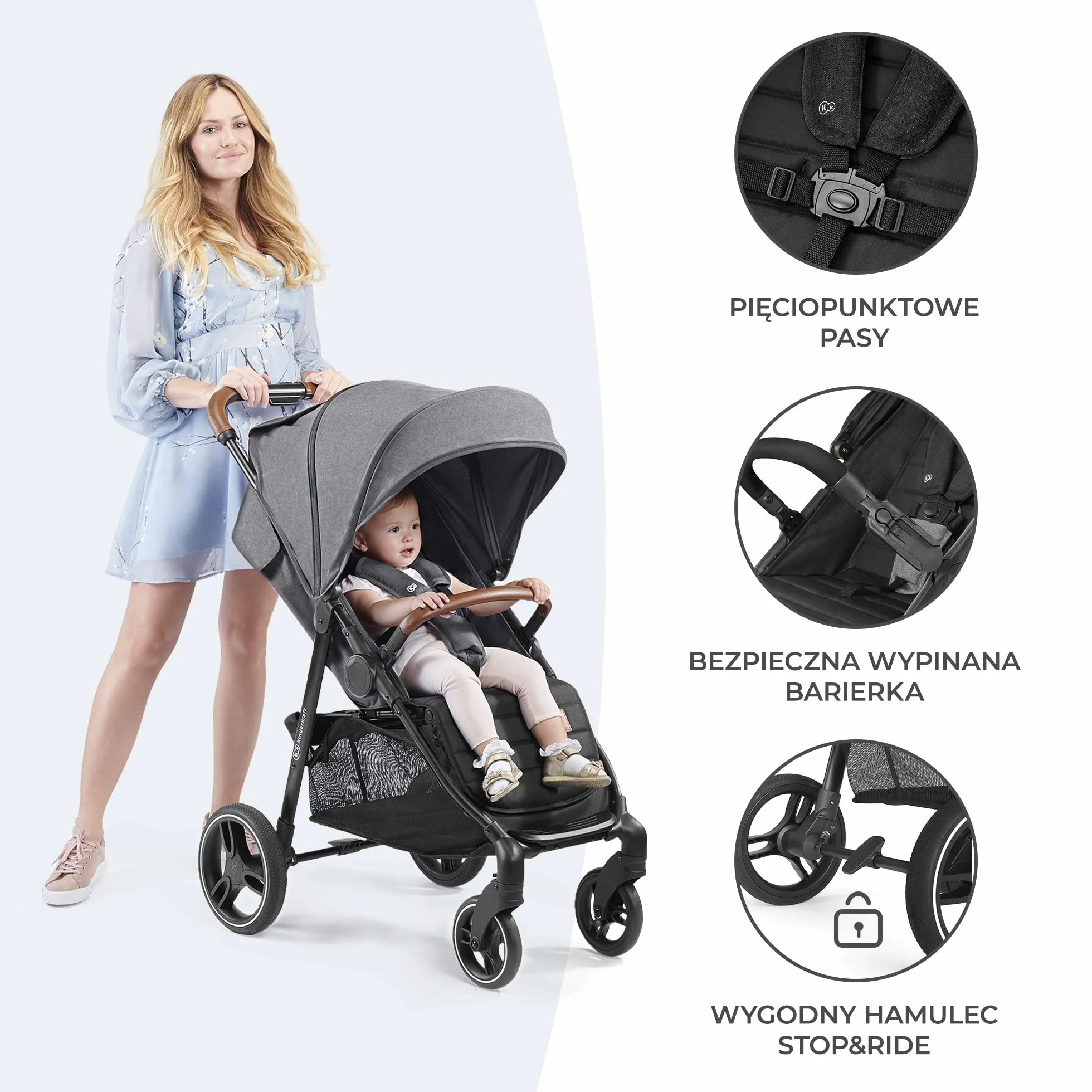 Kinderkraft GRANDE PLUS Wózek dziecięcy dla dzieci od urodzenia do 22 kg, Spacerówka, Regulowane oparcie do pozycji leżącej, Obszerne siedzisko, Składanie jedną ręką, Amortyzowane koła, Czarny