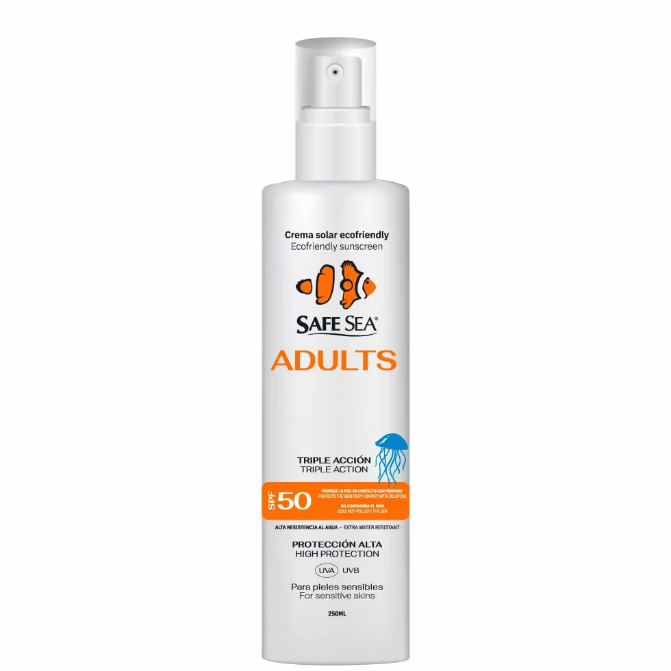 SAFE SEA - Jellyfish Sting Sun Spray SPF 50 - wegański - wysoka wodoodporność i wysoka ochrona przeciwsłoneczna dla dorosłych - odpowiedni dla skóry wrażliwej - Format 250ml