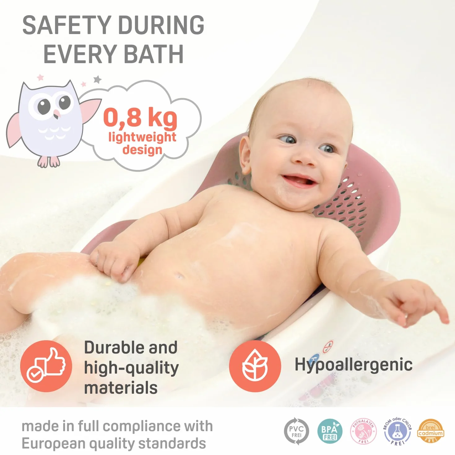 BABYLON DOLPHIN Siedzisko do wanny dla niemowląt od 0-6 miesięcy – ergonomiczna wanna dla dzieci – hipoalergiczna, odporna na pleśń, antypoślizgowa – wanna pod prysznic – różowa