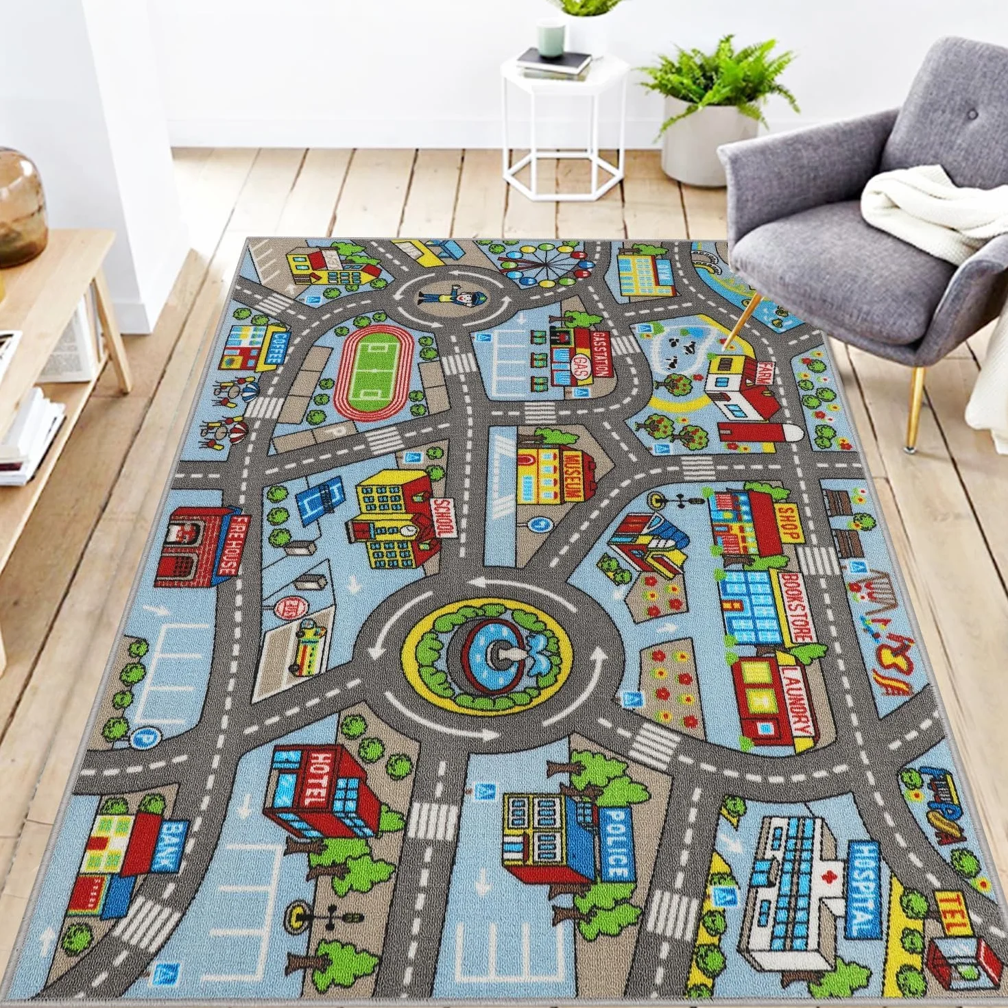 Capslpad Dywanik samochodowy dla dzieci, 100 x 160 cm, antypoślizgowy dywan dziecięcy, z mapą miasta, interaktywny dywan do zabawy, nadaje się do prania, kreatywna mata edukacyjna do zabawy dla