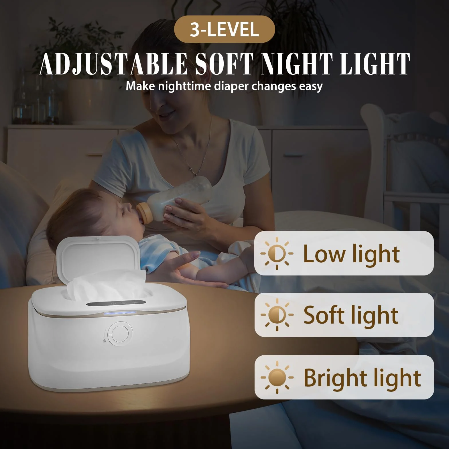 Podgrzewacz wilgotnej ściereczki dla niemowląt, 3 temperatury i 3 ciepłe lampki nocne, szybkie nagrzewanie, ładowanie przez USB, przenośny ogrzewacz do wilgotnych chusteczek dla niemowląt w
