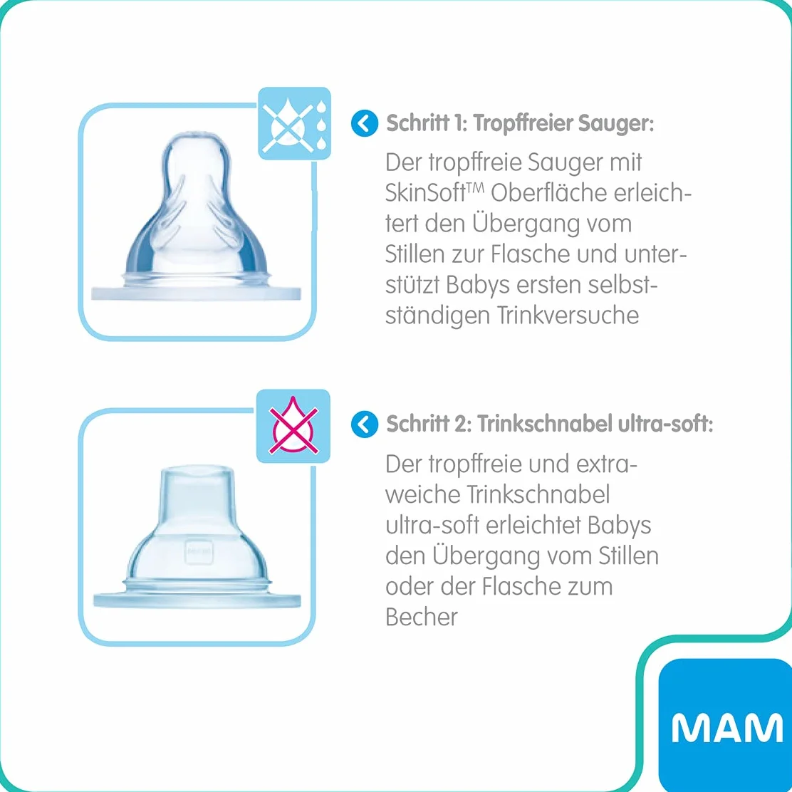 MAM Trainer+ (220 ml), butelka do nauki picia, do przejścia do kubka, kubek do nauki picia z przyssawką bez kapania, dzióbek i uchwytem, 4 miesiące, Koala