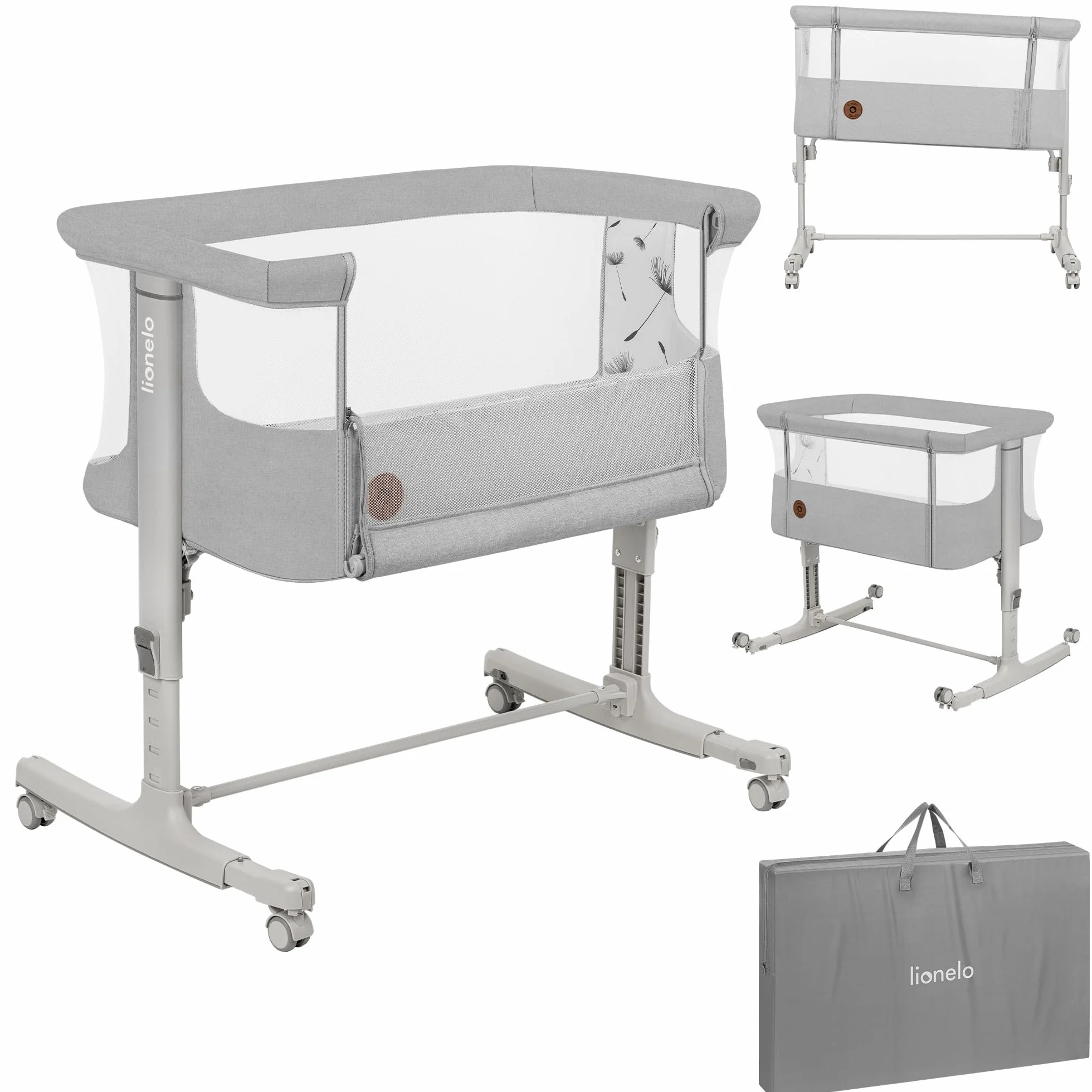 LIONELO Aurora 3 w 1 Łóżeczko Dziecięce do 9 kg, Łóżko Dostawne, Kołyska, Regulacja Wysokości oraz Kąta Nachylenia Materaca, 4 Kółka z Hamulcem Ergonomiczny Materac Torba