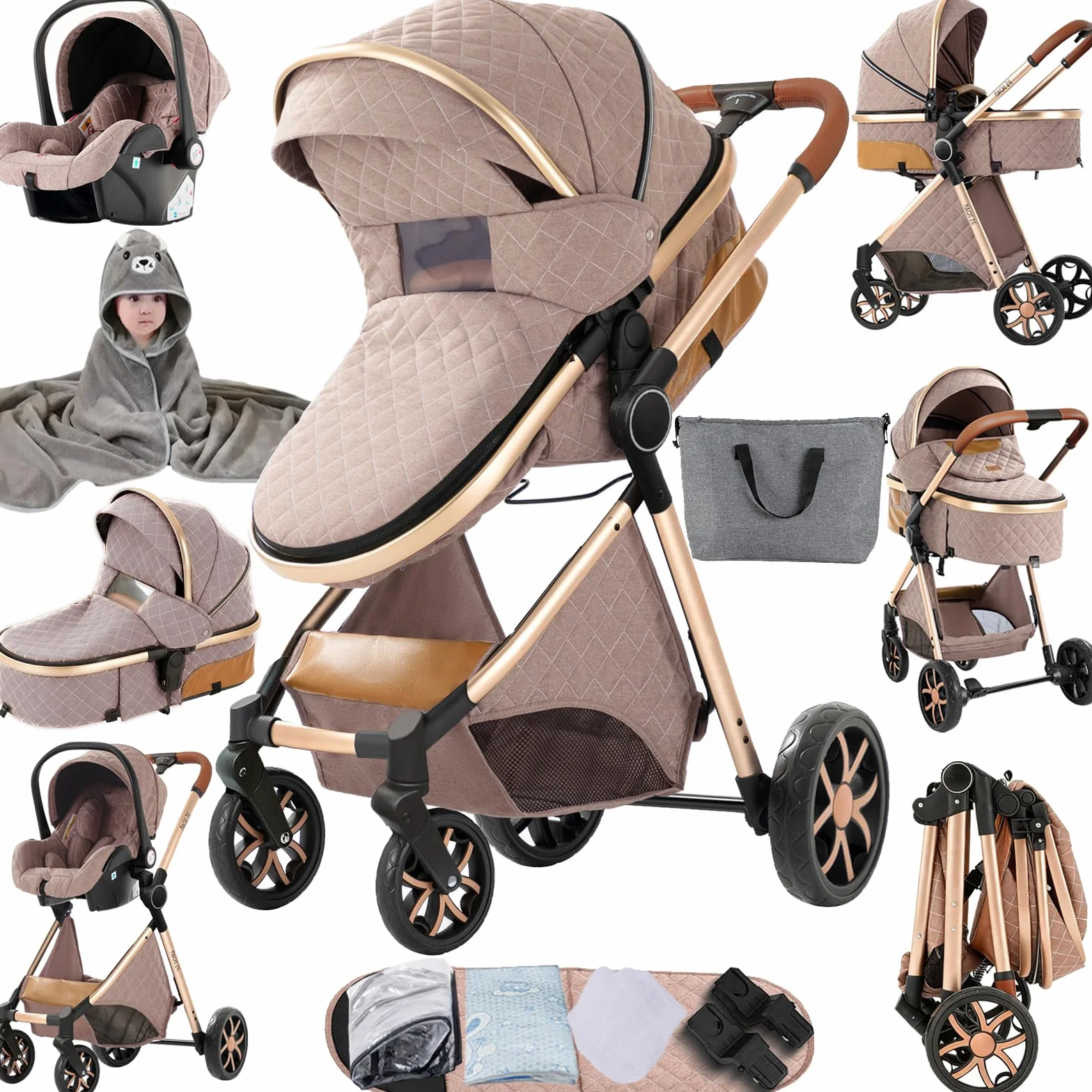 Wózek Dziecięcy 3 w 1 - Kombi, Dla Noworodków, System Podróżny, Wysoki Krajobraz, Leżący, Składany, Standardowy (225 Khaki)
