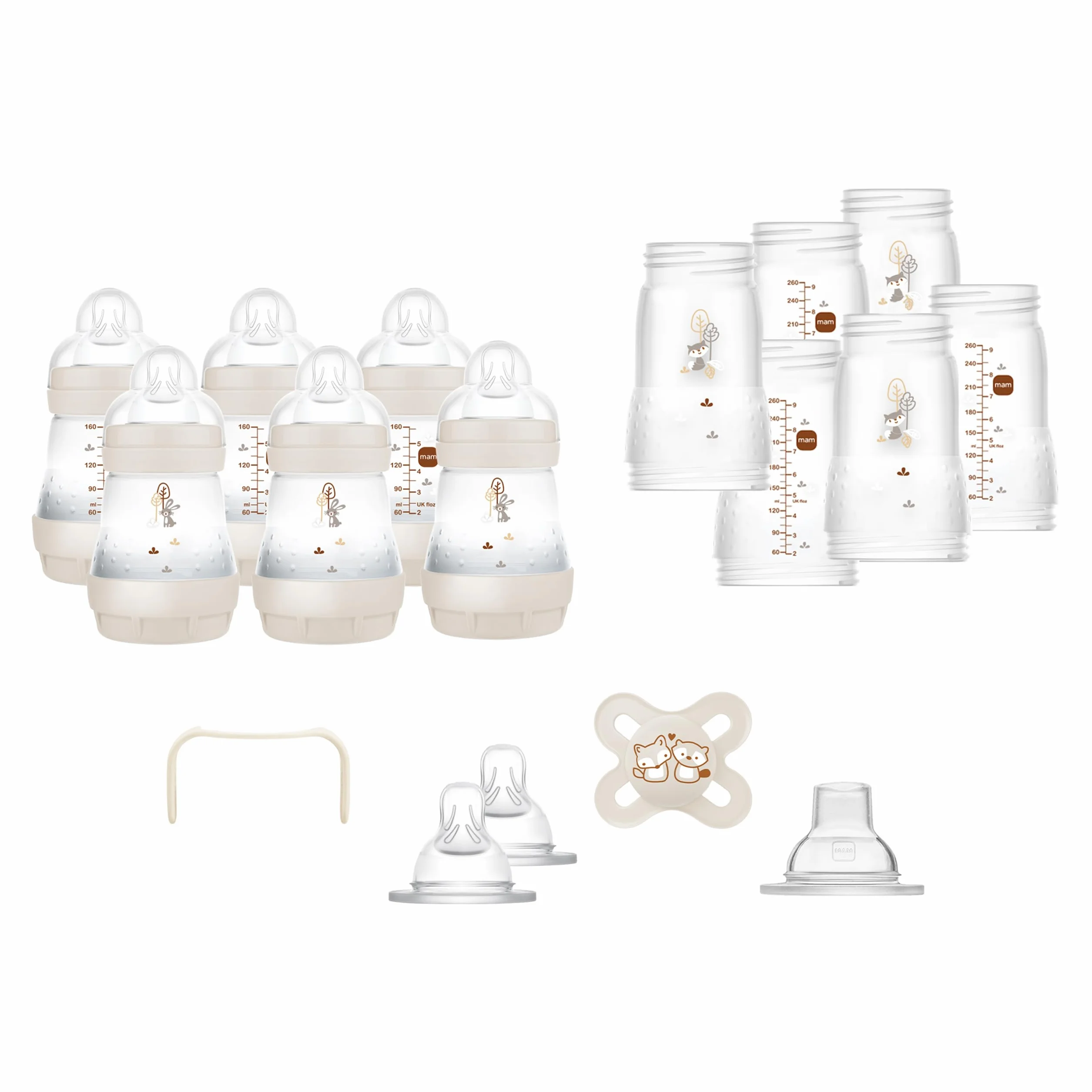 MAM Easy Start Anti-Colic zestaw butelek dla niemowląt XXL, pierwsze wyposażenie wraz z smoczkiem, butelkami, smoczkami i innymi, zestaw prezentowy dla niemowląt, od urodzenia, beżowy