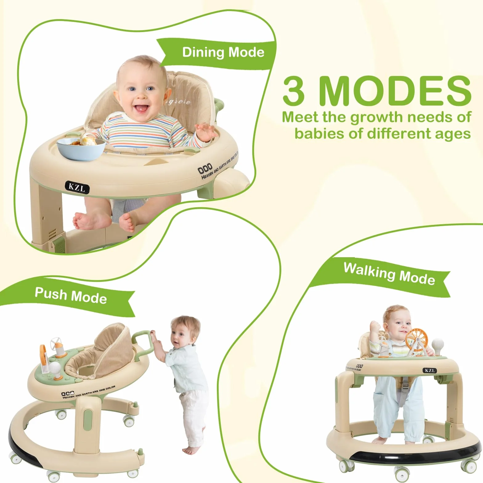 Pomoc w nauce chodzenia dla niemowląt, 3 w 1 Baby Walker z regulacją wysokości, bezpieczny wózek do nauki chodzenia z cichymi kołami 360°, wyjmowana taca do jedzenia, światło i centrum zabaw od 9 do