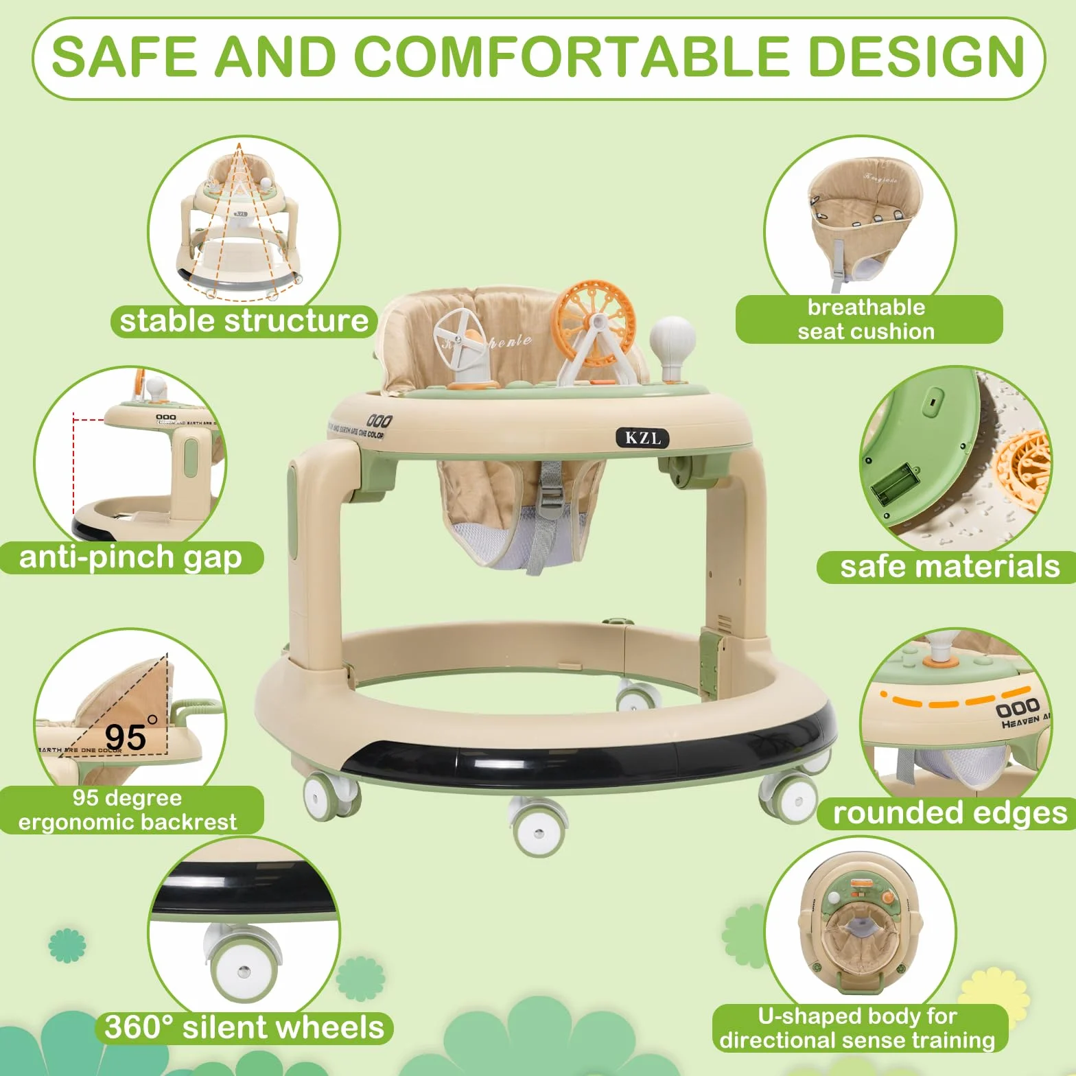 Pomoc w nauce chodzenia dla niemowląt, 3 w 1 Baby Walker z regulacją wysokości, bezpieczny wózek do nauki chodzenia z cichymi kołami 360°, wyjmowana taca do jedzenia, światło i centrum zabaw od 9 do