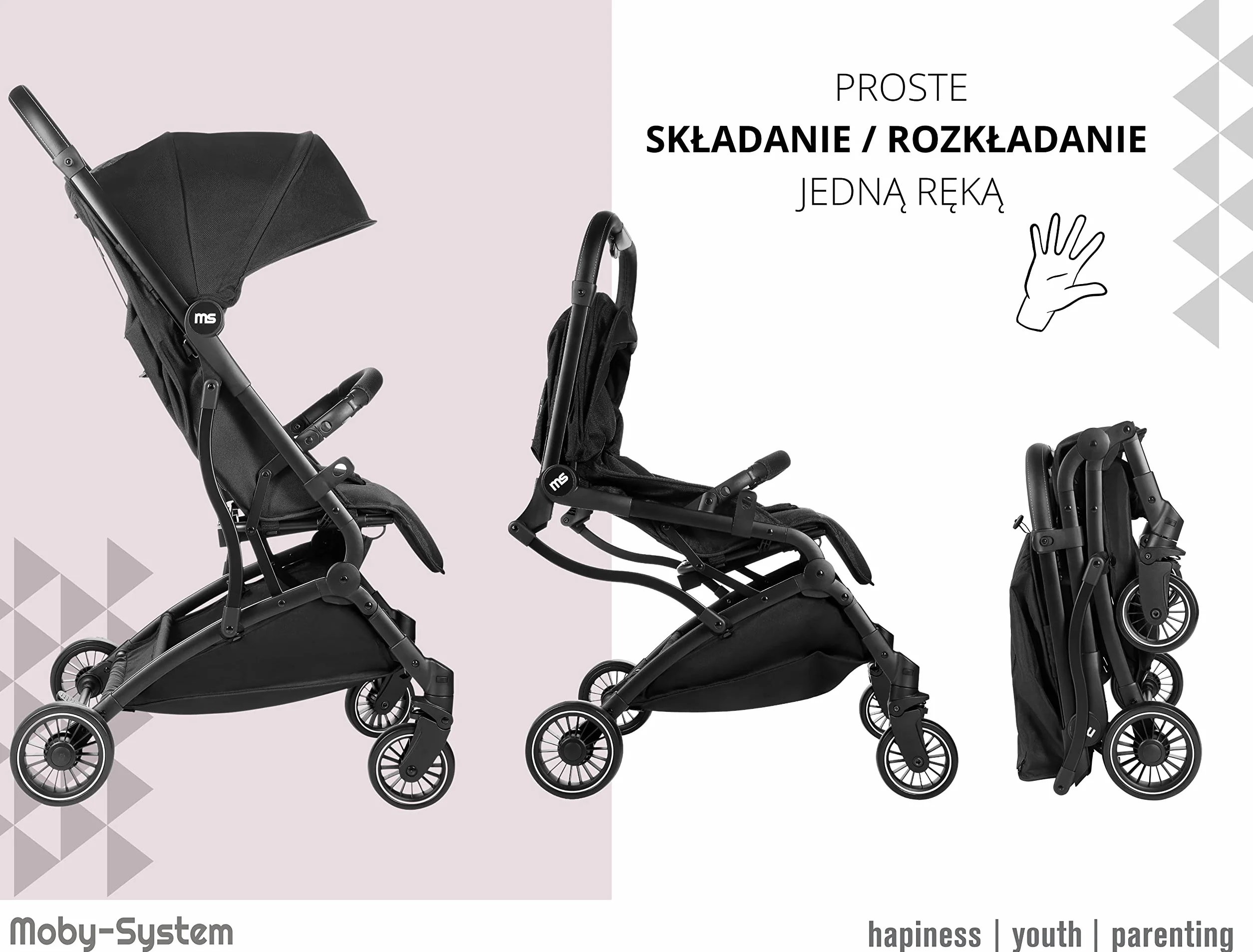 Moby-System Wózek Dziecięcy Składany, Kompaktowa Spacerówka dla Dzieci do 15 kg, 6-36 Miesięcy, Wózek do Samolotu, Duży Kosz na Zakupy, Pokrowiec i Folia Przeciwdeszczowa w Zestawie, Czarny