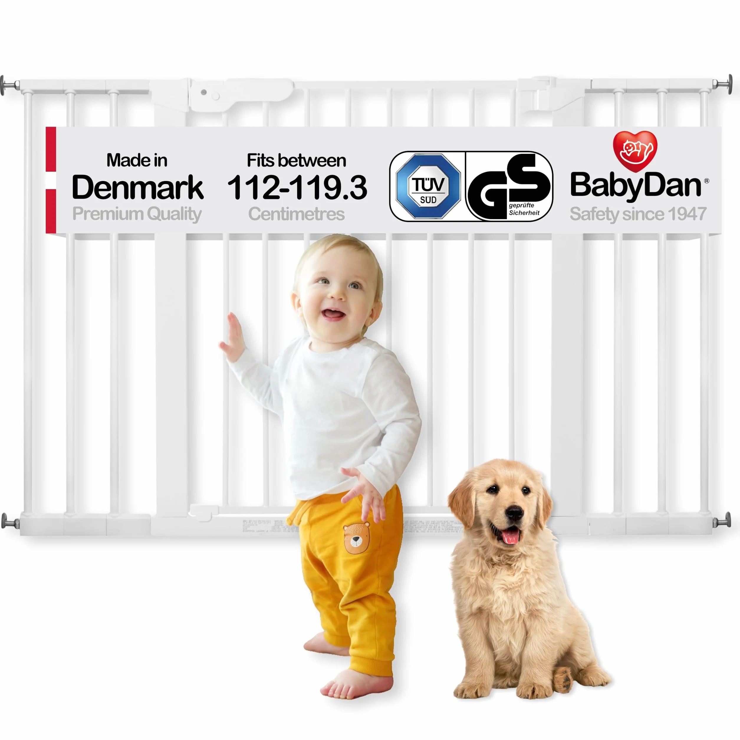 BabyDan Premier siatka ochronna do drzwi do zaciskania, 112-119,3 cm – wyprodukowana w Danii i z atestem TÜV, kolor: biały
