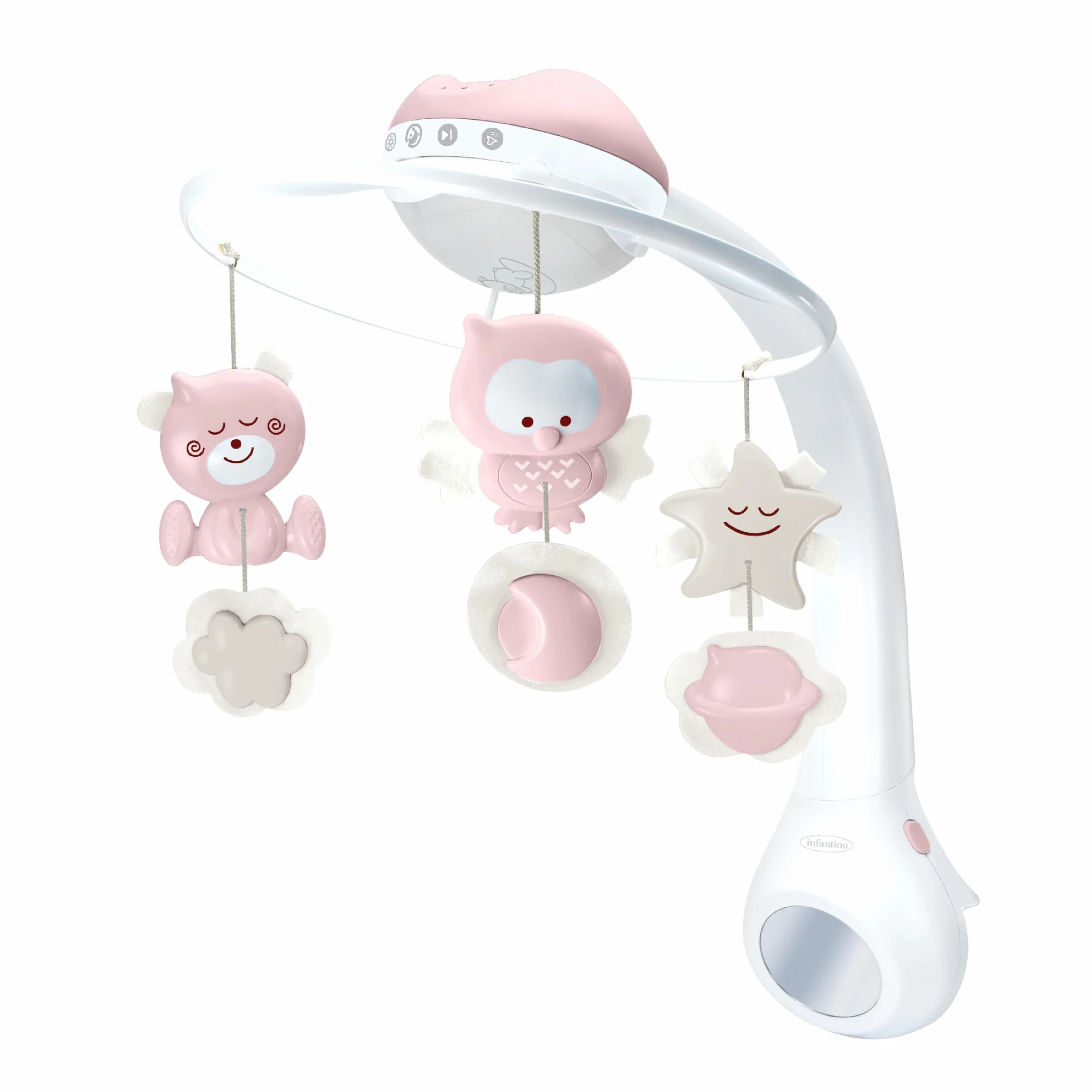 Infantino 3 w 1 Projektor Muzyczny Mobilny, Mobilny Konwertowalny, Projektor Światła z Trybem Budzenia Symulującym Światło Dzienne, Zawiera 6 Melodii i 4 Dźwięki Natury, Różowy