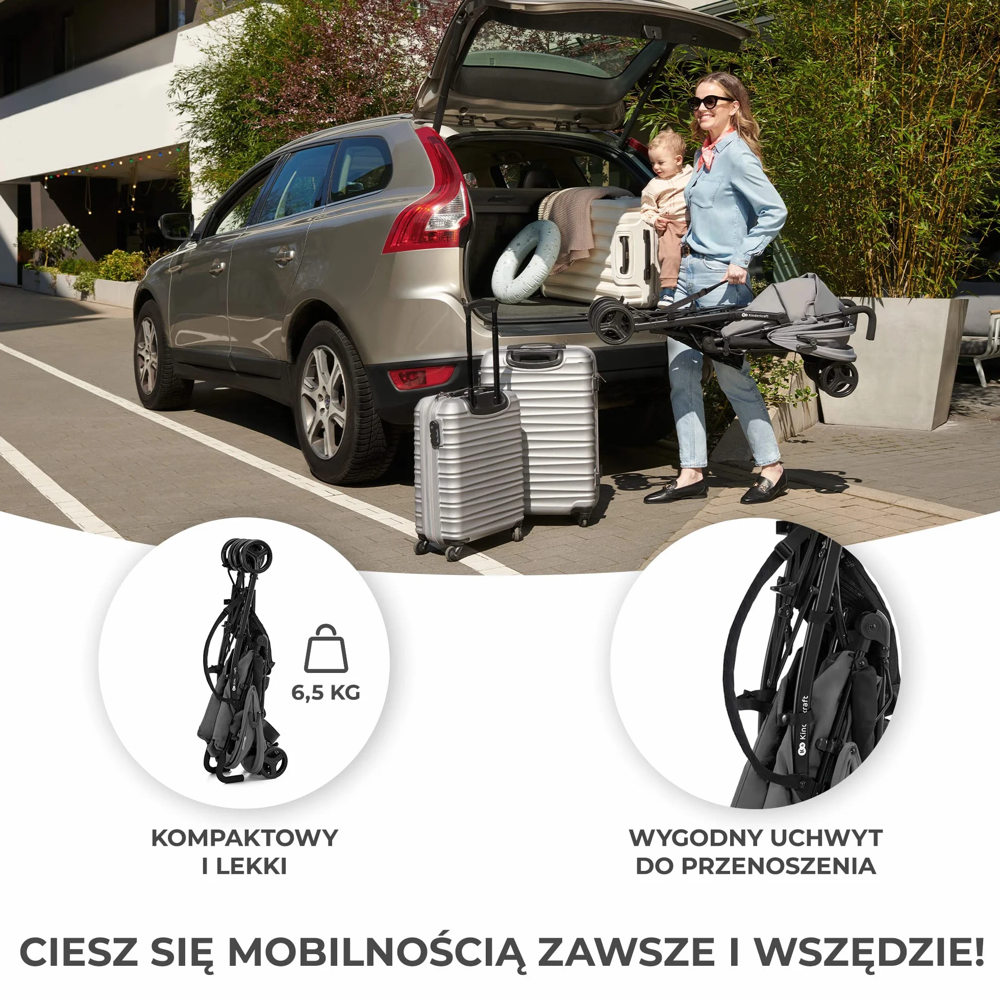 kk Kinderkraft TIK Lekka Spacerówka, Parasolka, Wózek dziecięcy, na podróż, Składany do kompaktowych rozmiarów, Lekka, tylko 6,5kg, Regulacja oparcia, od 6 miesięcy, max obciążenie 17kg, Szary