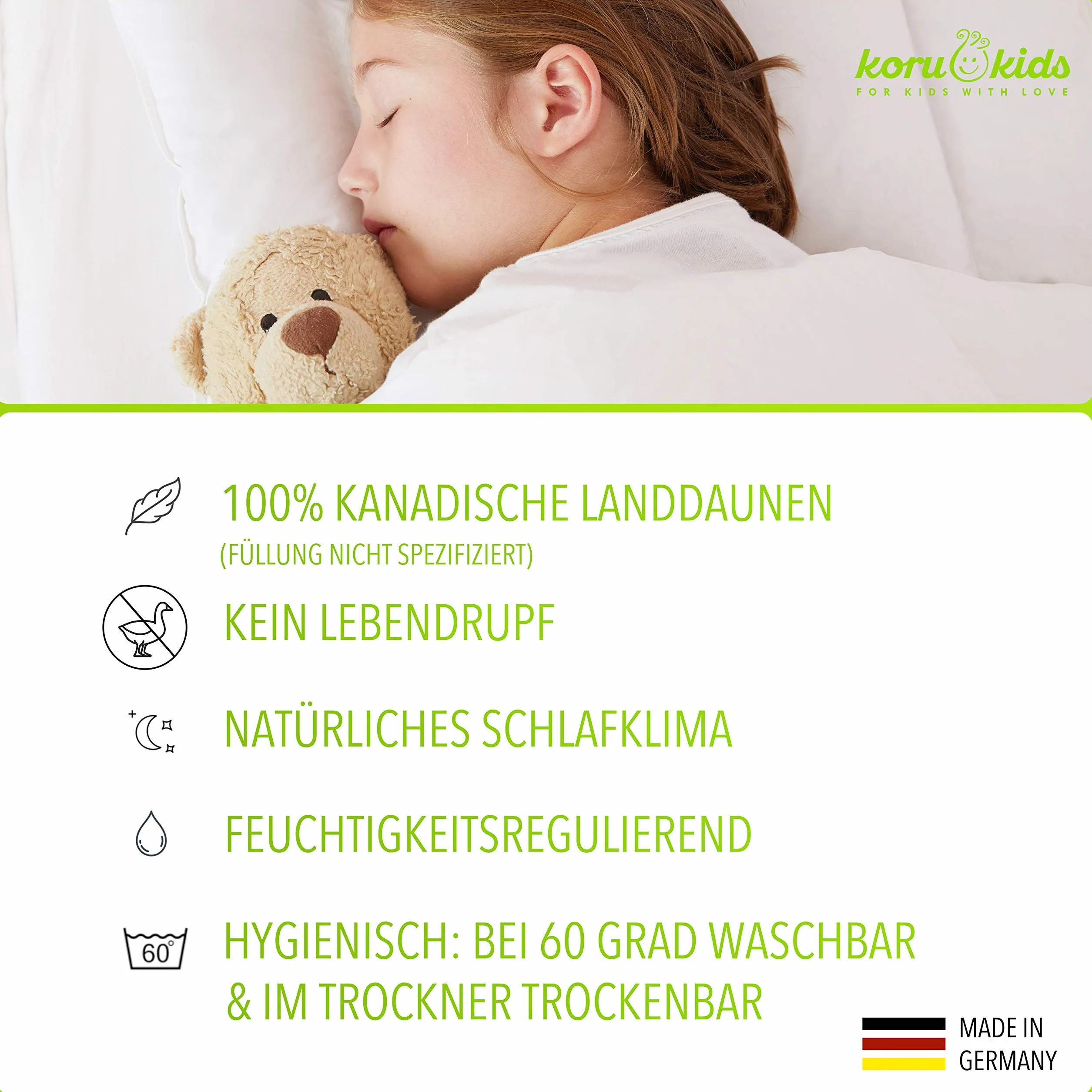Koru Kids® Poduszka dziecięca 40 x 60 cm – 100% kanadyjski puch – poduszka dziecięca 40 x 60 – nadaje się do prania w 60 stopniach – Öko-Tex – poduszka dla dzieci – Made in Germany – wypełnienie 180 g