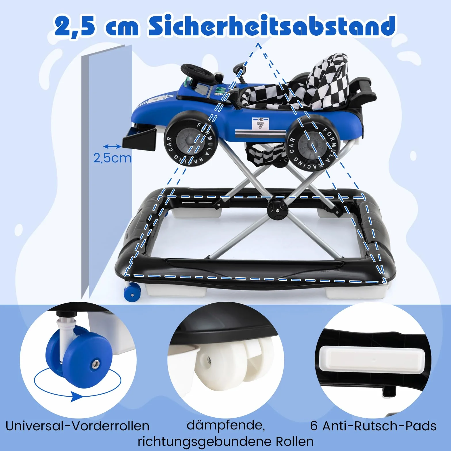 COSTWAY Pomoc w nauce chodzenia 4 w 1, wózek do nauki chodzenia, składany, z regulacją wysokości, Baby Walker w kształcie samochodu z kierownicą i pozytywką, wózek z kółkami dla dzieci w wieku 6-18