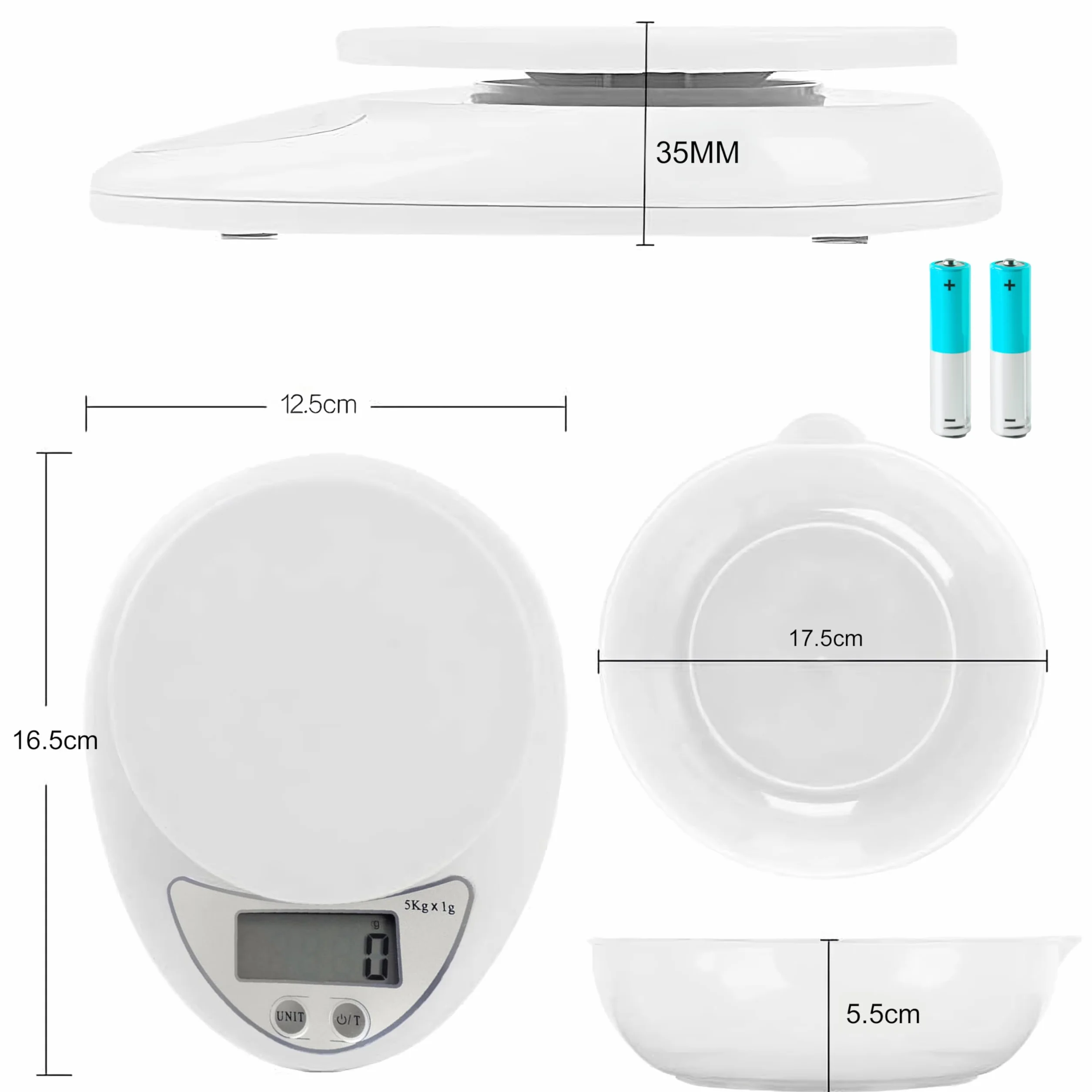 Retoo skala kuchenna elektroniczna z misą 790ml, waga cyfrowa PT-860, 5 kg/11 lb, waga kuchenna, waga precyzyjna, funkcja tary, wyświetlacz LCD, automatyczne wyłączanie, 11,3x5,3x17,5 cm, srebrna