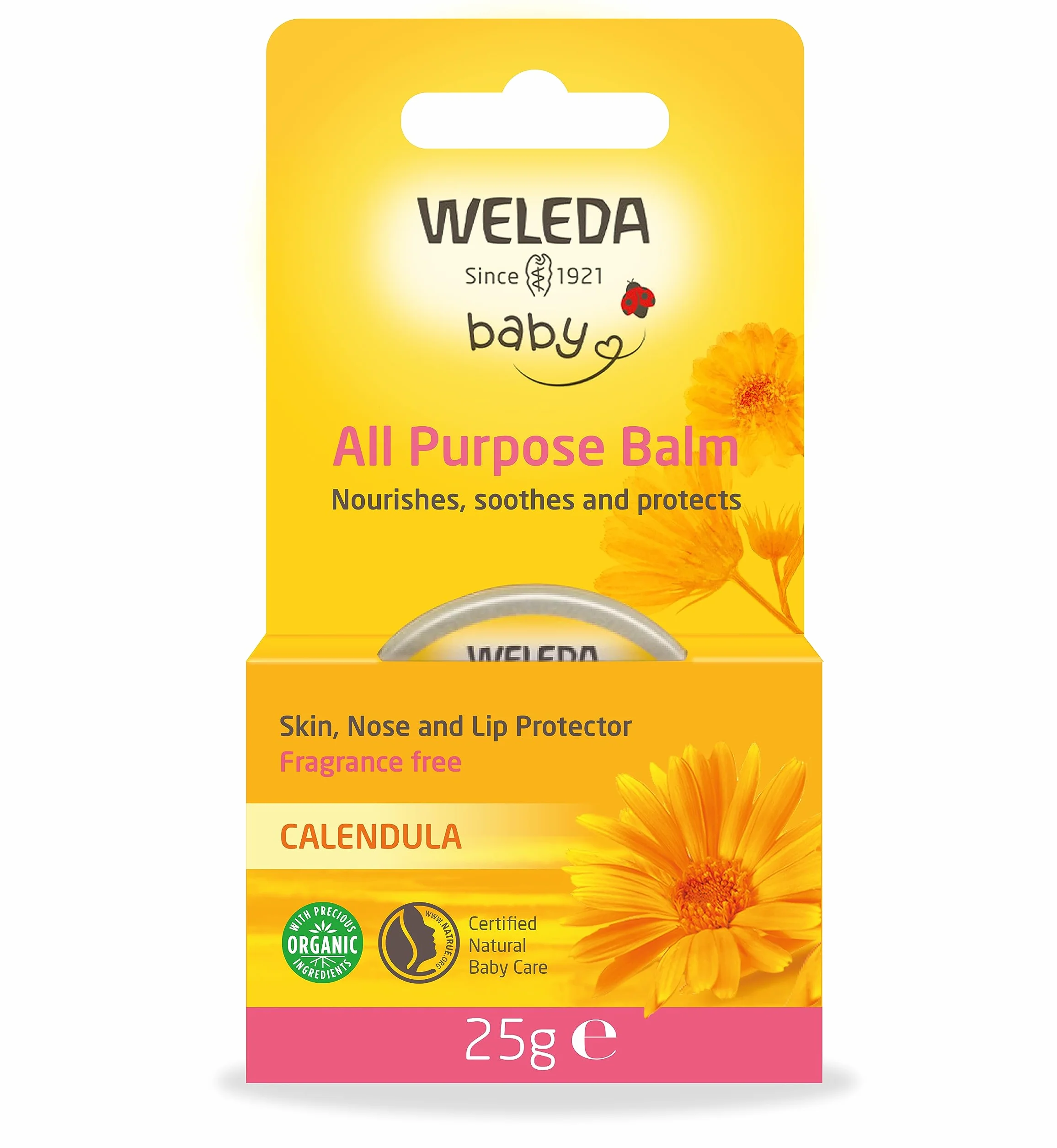 WELEDA Bio Baby Calendula magiczny balsam – naturalny kosmetyk, uniwersalny balsam do twarzy i ciała do pielęgnacji i uspokajania suchej skóry i ust. Bogaty balsam uniwersalny dla niemowląt i dzieci (1 x 25 g)
