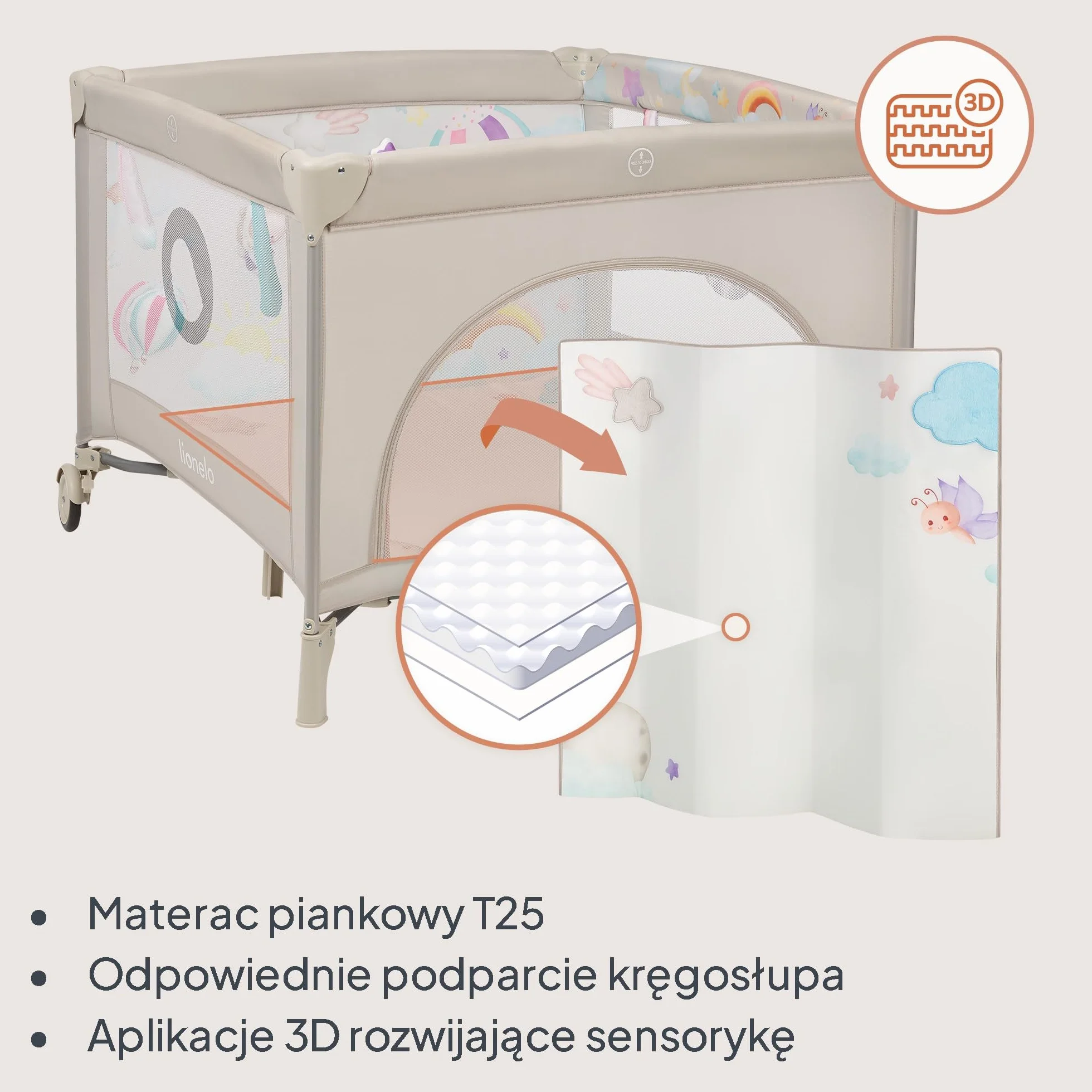 LIONELO Kojec dziecięcy 2 w 1 Łóżeczko Turystyczne Podróżne MILLE PLUS do 15 kg 0-36 miesięcy, Boczne Wejście, Materac 3D, 2 Koła z Hamulcem Łatwe Składanie, Torba Transportowa