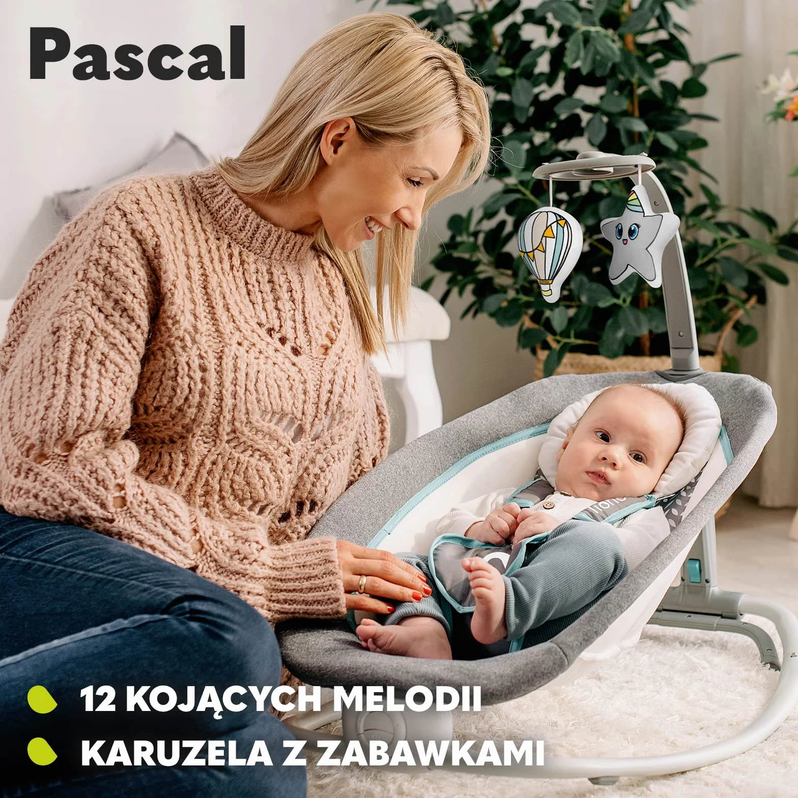 Lionelo Pascal Bujaczek Leżaczek dla Niemowląt z Wibracjami i Melodiami, Regulacja Oparcia 4 Pozycje, Karuzela z Zabawkami, 5-Punktowe Pasy, Tapicerka Prana w Pralce, Składany, od Urodzenia do 9 kg