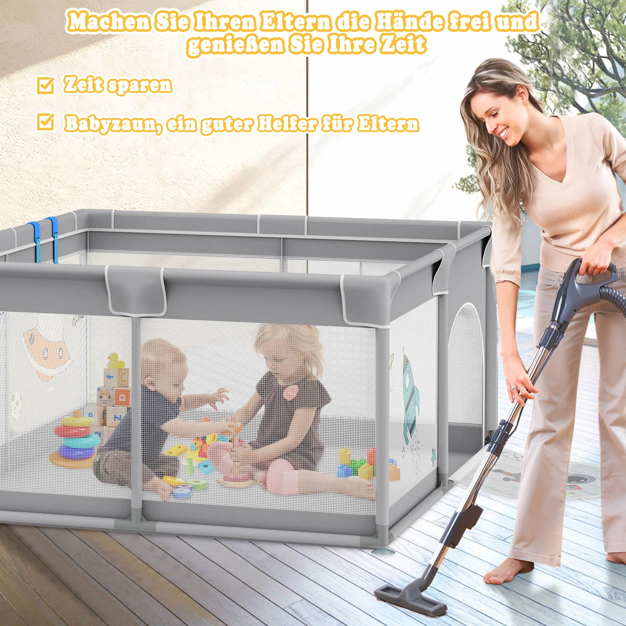 UISEBRT Kojec dla niemowląt 180 x 200 cm, kojec dla niemowląt z 50 piłkami oceanu i 4 pierścieniami pociągowymi i torbą do przenoszenia, składany namiot do kojca z oddychającą siatką dla dzieci, szary