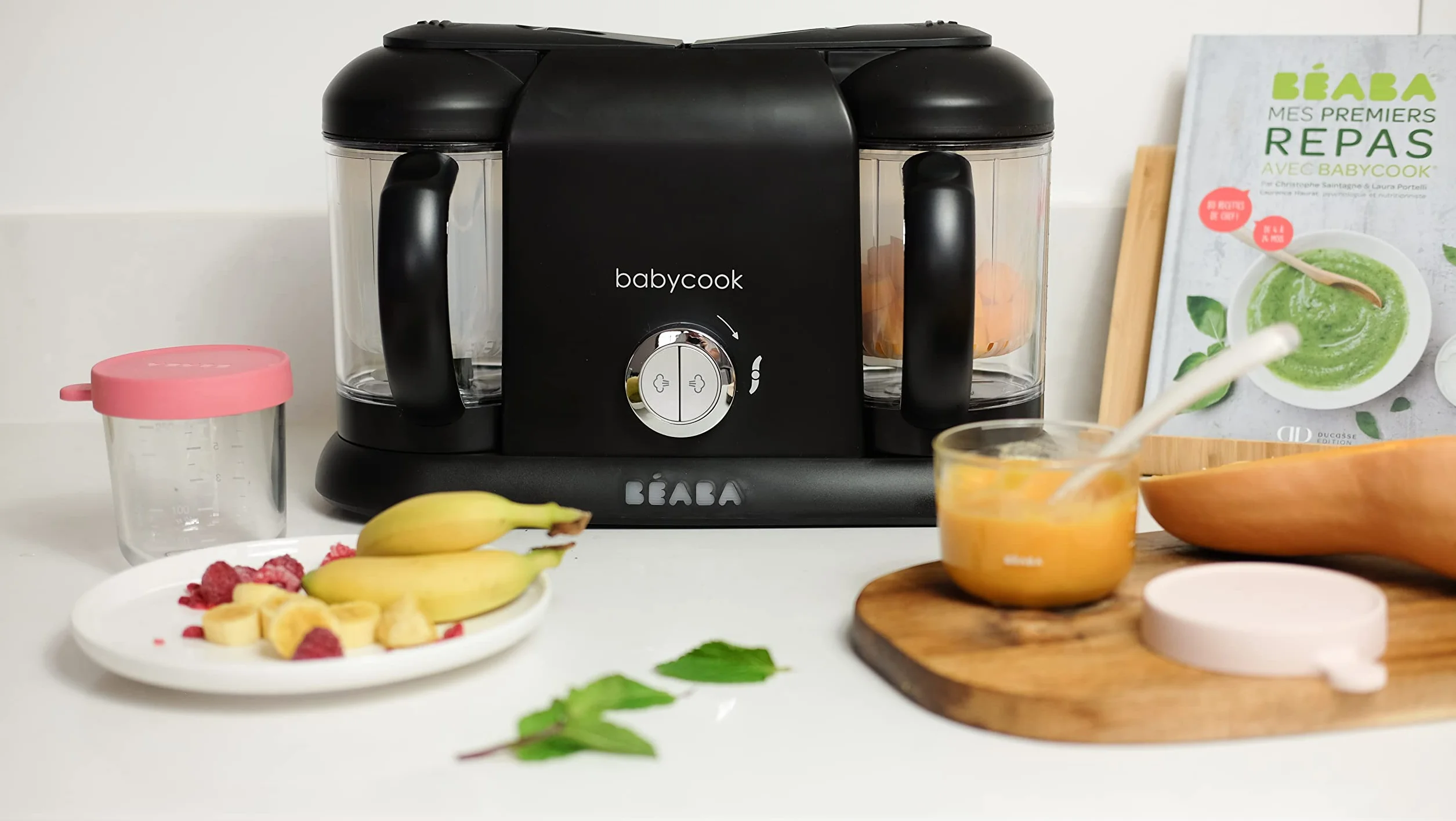 BÉABA - Babycook Duo - 4 w 1 urządzenie do przygotowywania posiłków dla niemowląt - łagodny parowar - szybkie gotowanie na parze w 15 minut - pojemność XXL: 2 x 200 ml - czarny