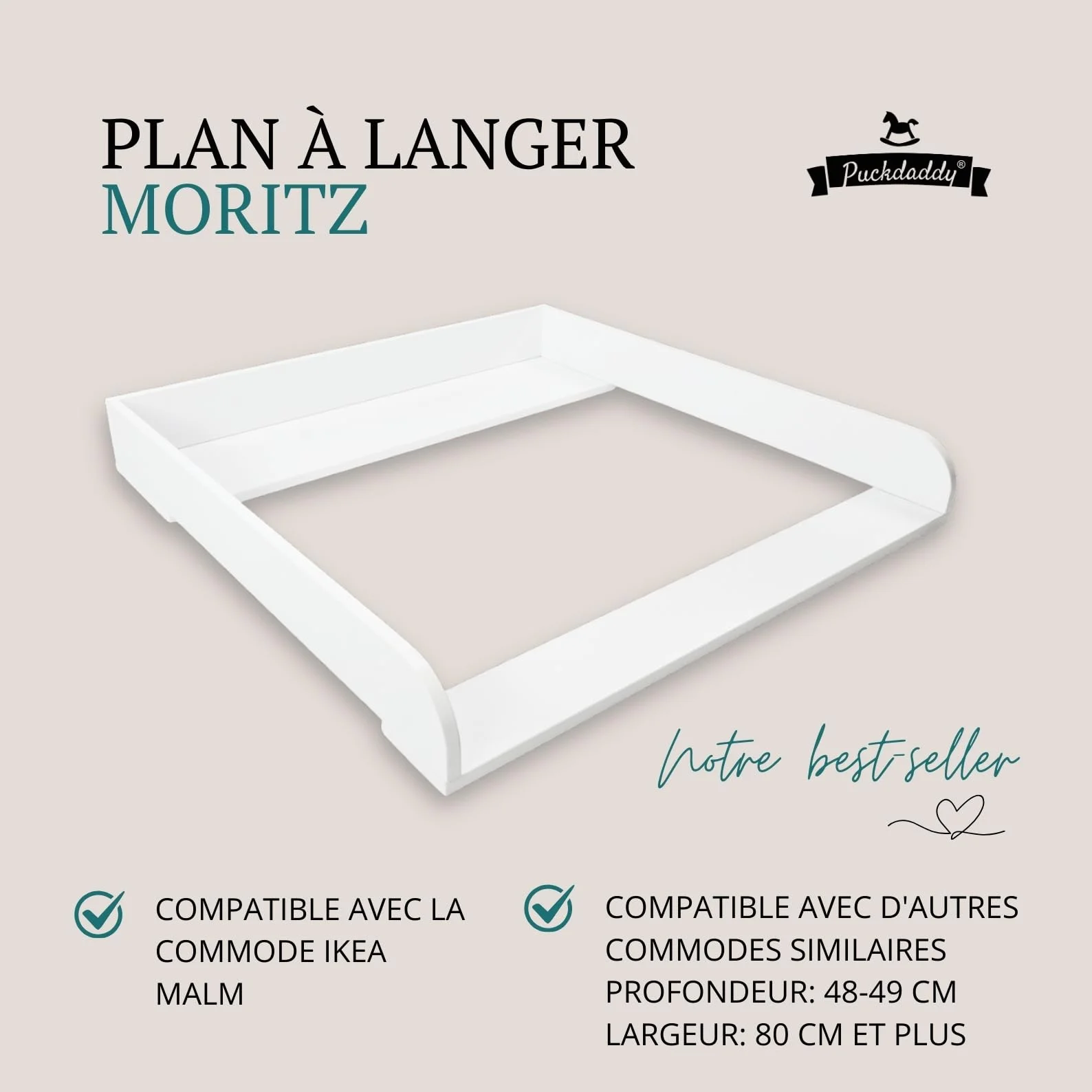 Puckdaddy Przewijak Moritz – 80 x 78 x 10 cm, podkład do przewijania z drewna w kolorze białym, wysokiej jakości nakładka na przewijak pasująca do komód, w zestawie materiał montażowy do mocowania na ścianie