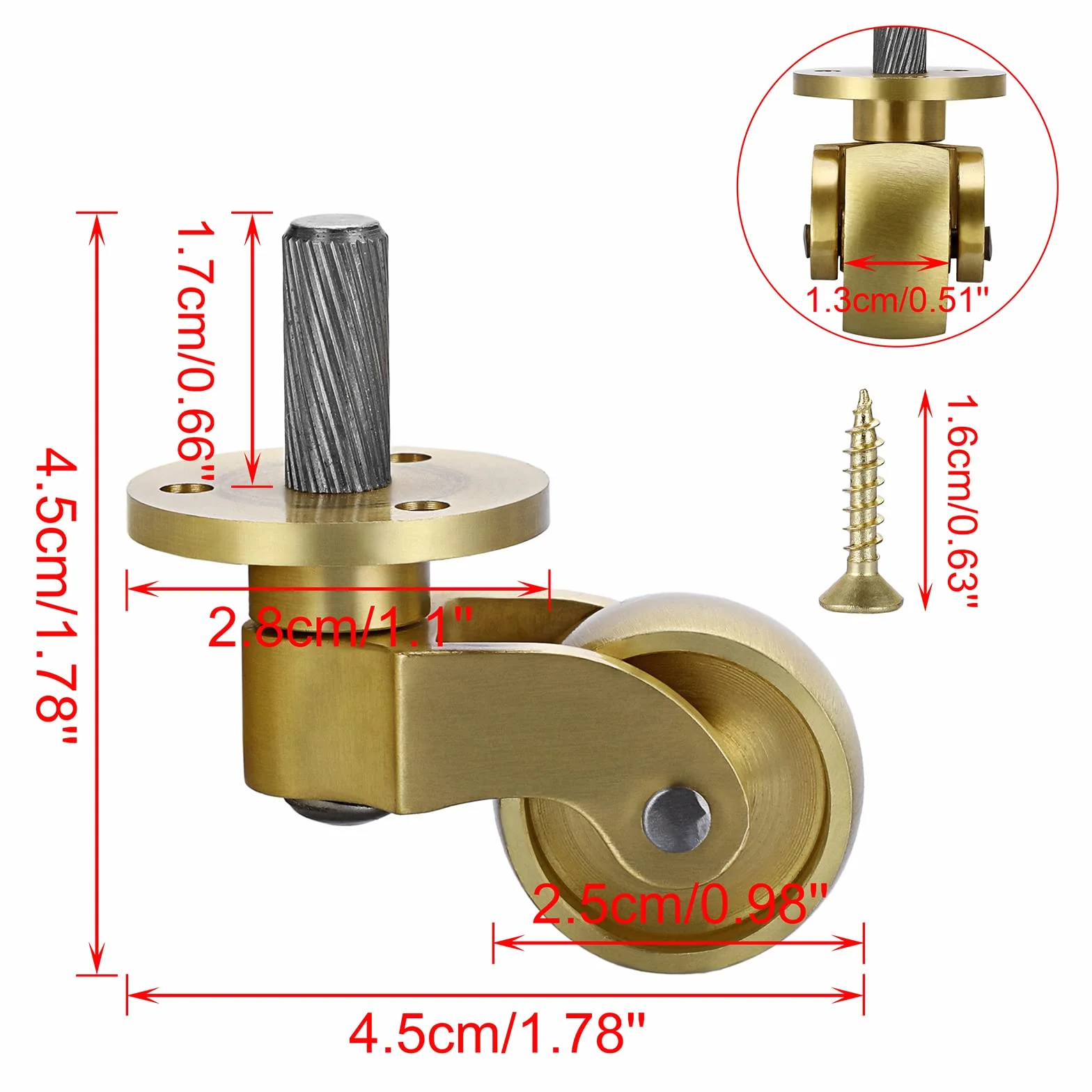 IGNPION 4 uniwersalne kółka z litego mosiądzu, obracane o 360°, do mebli 25 mm