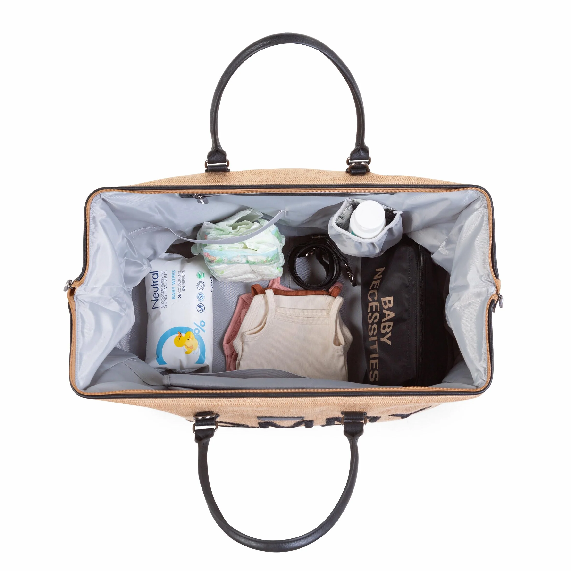 Childhome Mommy Bag torba do przewijania niemowląt o dużej pojemności z regulowanym paskiem na ramię, przegródka, izolowana kieszeń, rafia