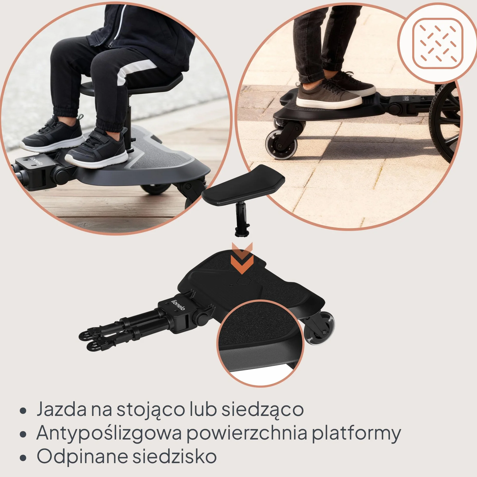 LIONELO Deska do wózka dziecięcego 2 w 1, ze zdejmowanym siedziskiem, uniwersalne dopasowanie, amortyzacja uderzeń, koła LED, do 25 kg, dla dzieci w wieku 2-5 lat