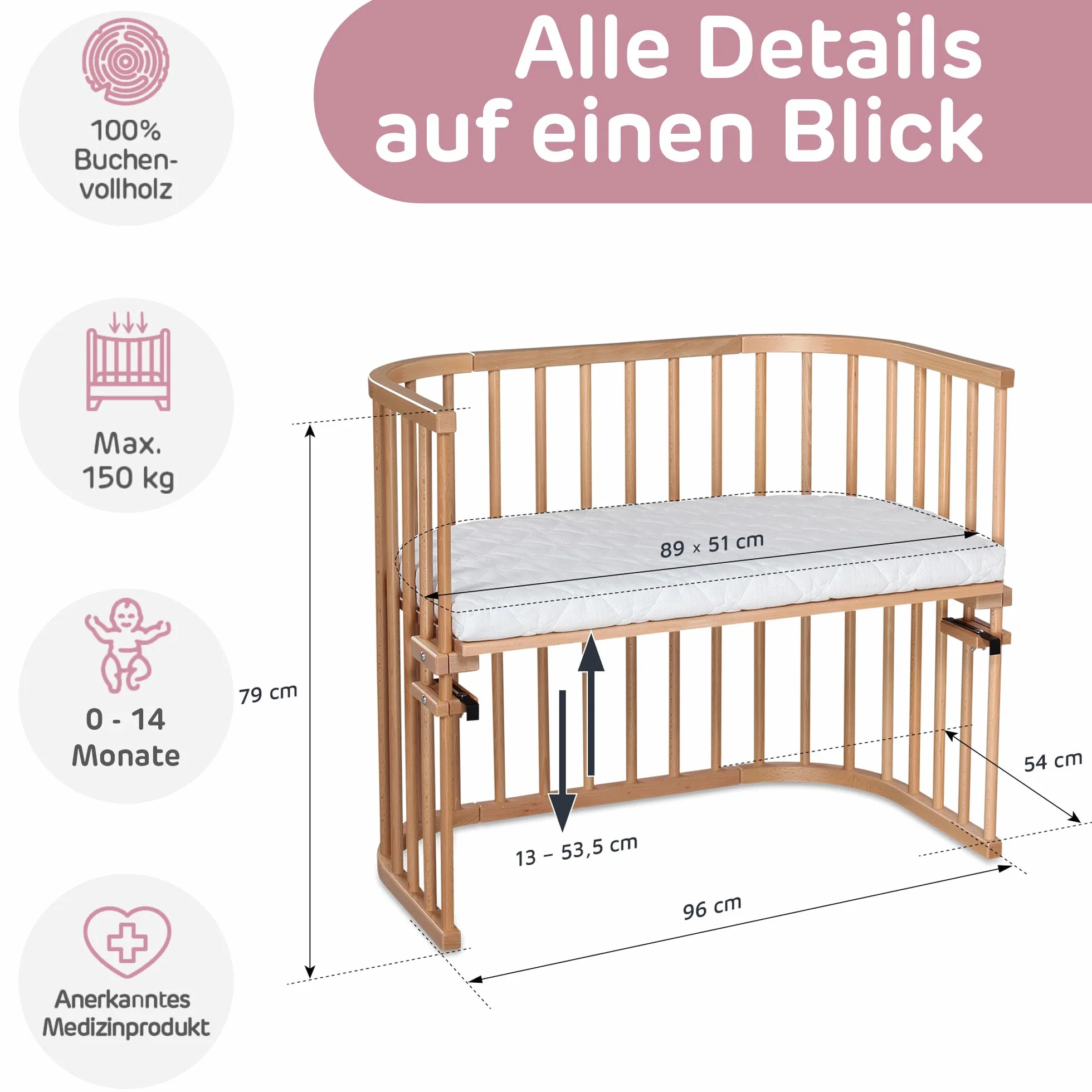 babybay Maxi bardzo duże łóżko dostawne z litego drewna bukowego/łóżko dziecięce, wysokość regulowana bezstopniowo i przyjazne dla środowiska, z materacem Classic Soft (naturalne lakierowanie)