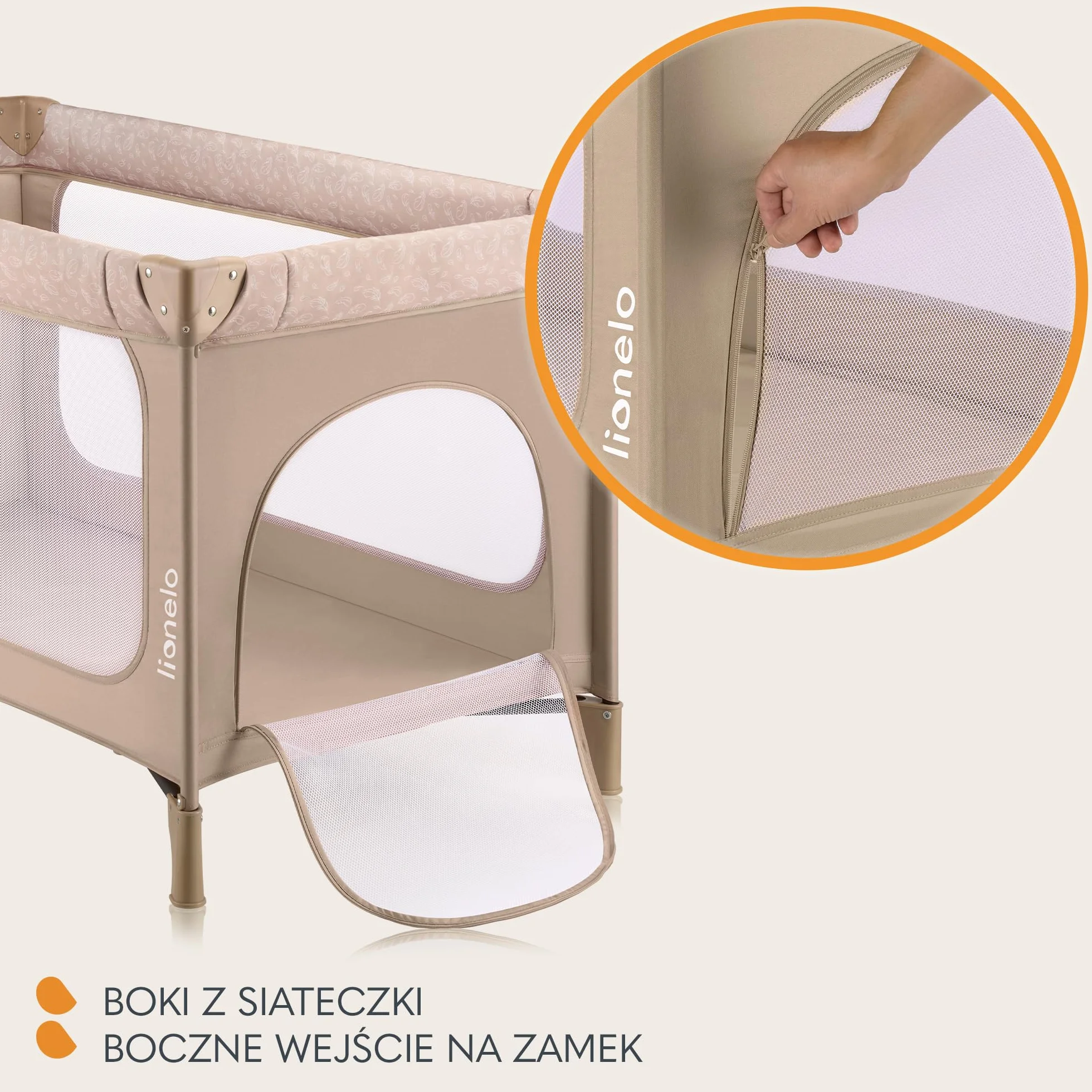 LIONELO Jasmin Easy Fold Łóżeczko Turystyczne Dziecięce do 15 kg od 0 do 36 miesięcy Piankowy Materac T25, 2 Poziomy Wysokości, Szybkie Składanie Easy Fold, Boczne Wejście, Kółka (Beżowy)