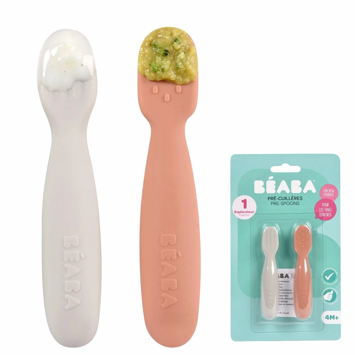 BEABA, Zestaw 2 łyżek dla niemowląt, Silikonowe łyżki wstępne, sztućce dla niemowląt, od 4 miesięcy, ergonomiczny kształt, różne tekstury, ergonomiczny uchwyt, szary terakot/aksamit