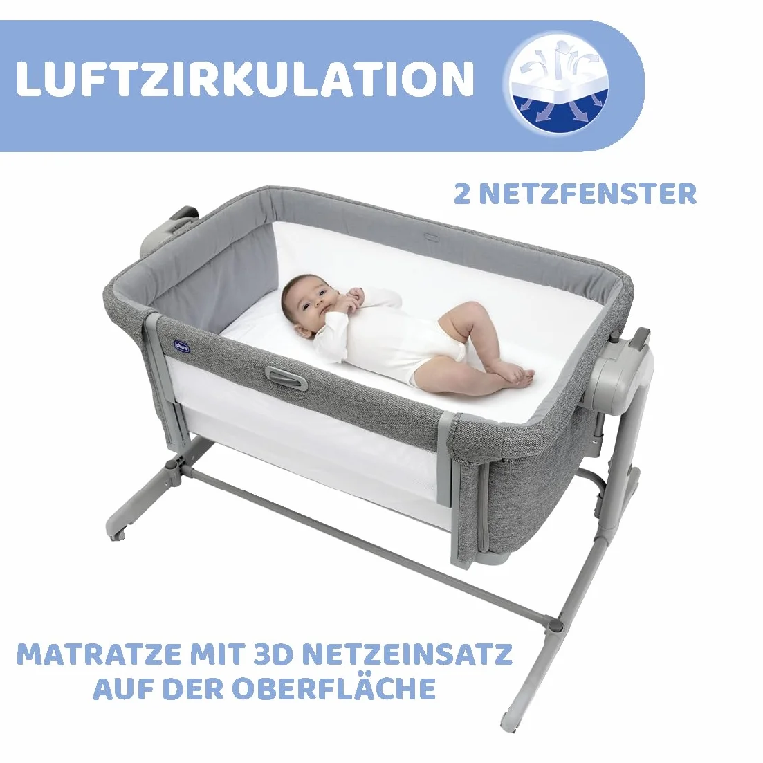 Chicco Next2Me Magic Evo Łóżko boczne łóżeczka dziecięcego z trybem huśtania, odchylanym oparciem, 11 poziomami wysokości, regulowaną wysokością, 4 kółkami, z materacem i torbą podróżną, ciemnoszary