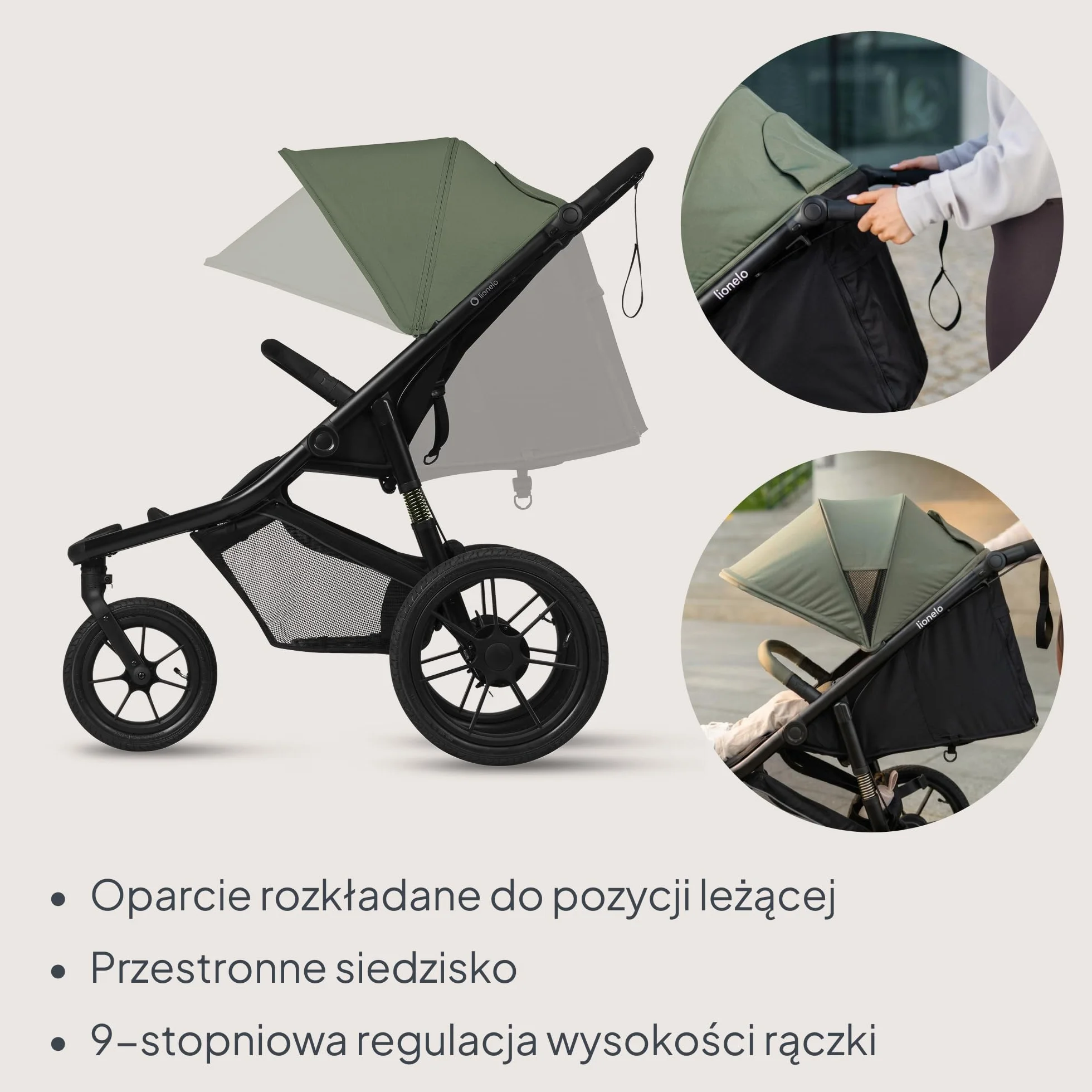 LIONELO AZURA Wózek Dziecięcy do Joggingu od 6 miesięcy do 22 kg Trójkołowy Wózek do Biegania Regulacja Oparcia do Pozycji Leżącej Duże Pompowane Koła Pełna Amortyzacja Budka XXL (Zielony)