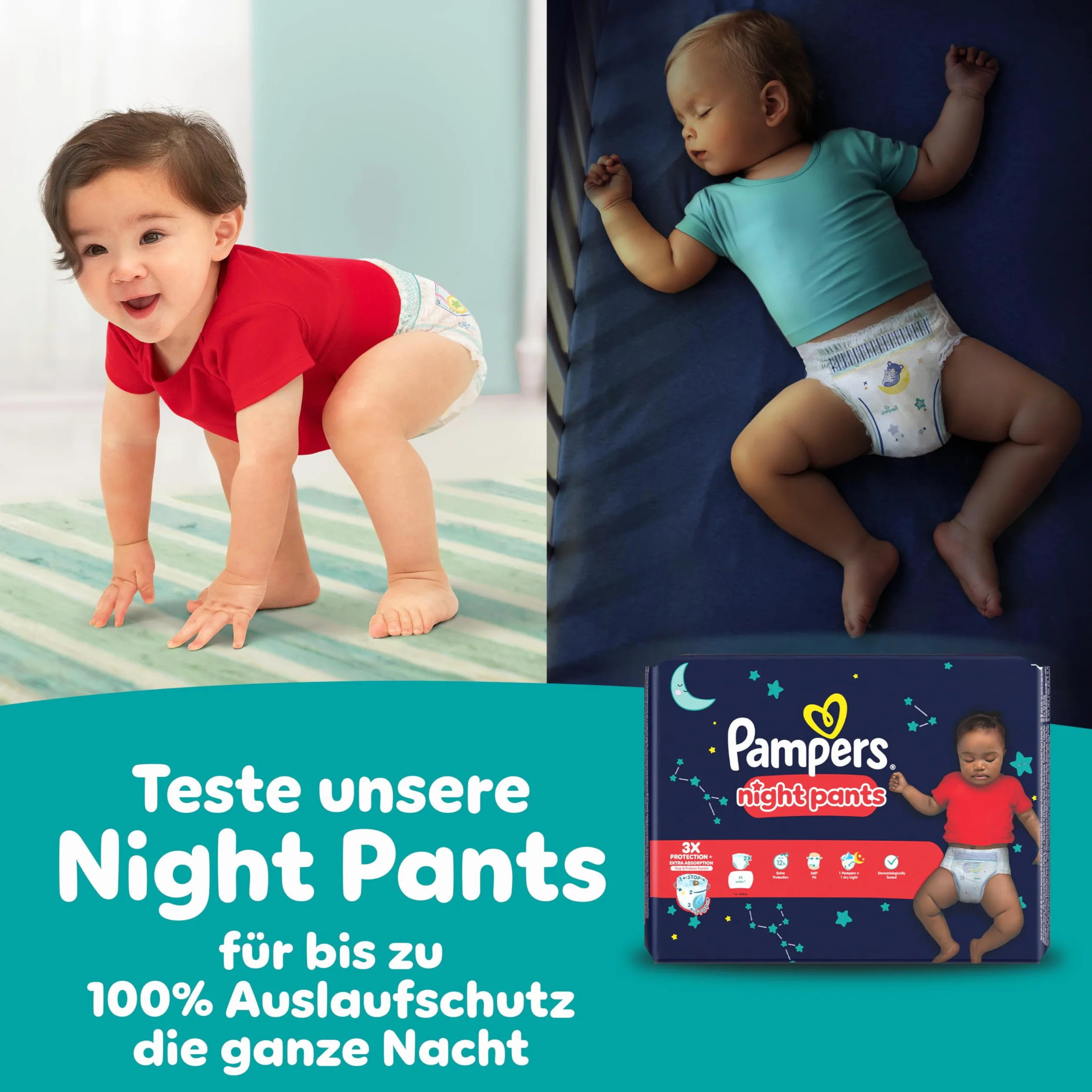 Pampers Spodnie Baby-Dry. Rozmiar 6, 138 pieluch, 14-19 kg, 360° Zabezpieczenie przed wyciekiem z kieszenią Stop & Protect na noc do 100% bez wycieków, opakowanie 1 miesiąc