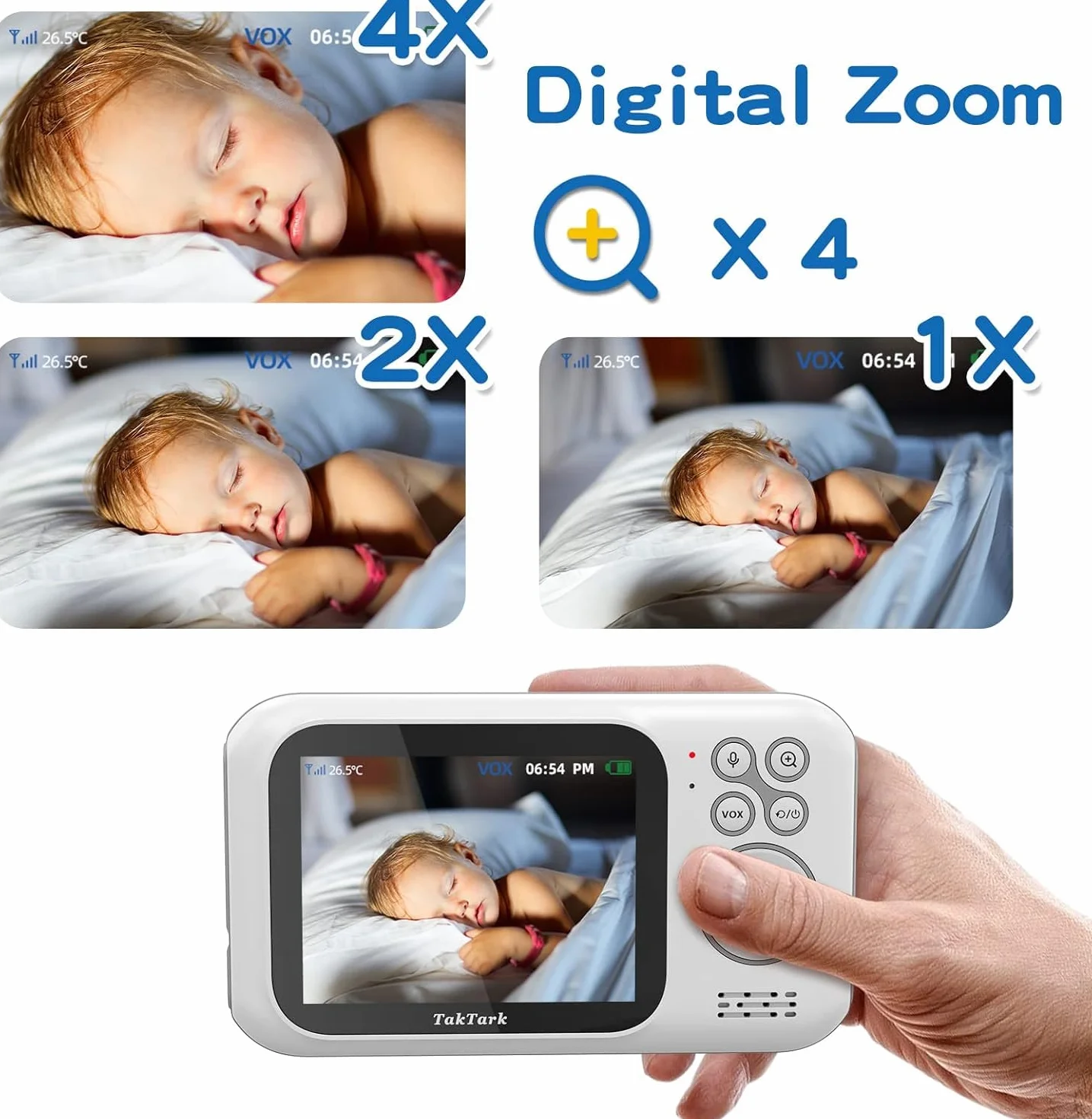 TakTark Babyphone Aparat Wideo Babyphone 3,2'' LCD Baby Phone Wireless Camera, Wideofon dziecięcy, Dwukierunkowy monitoring komunikacji, VOX, noktowizor, Zoom cyfrowy