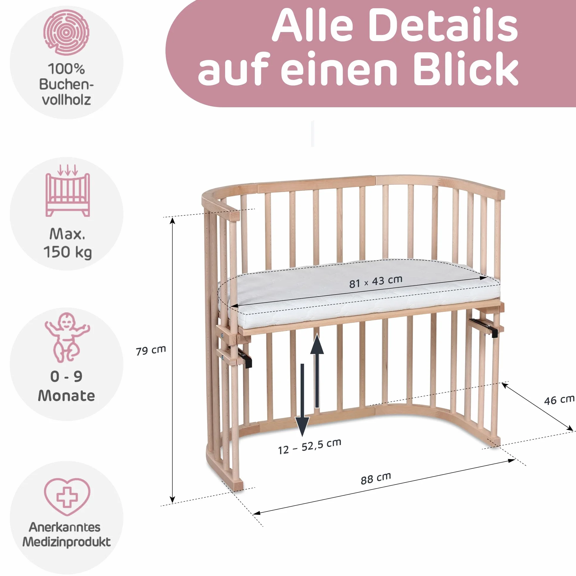 Babybay Oryginalne łóżeczko do spania przy łóżku, naturalne niepoddane obróbce