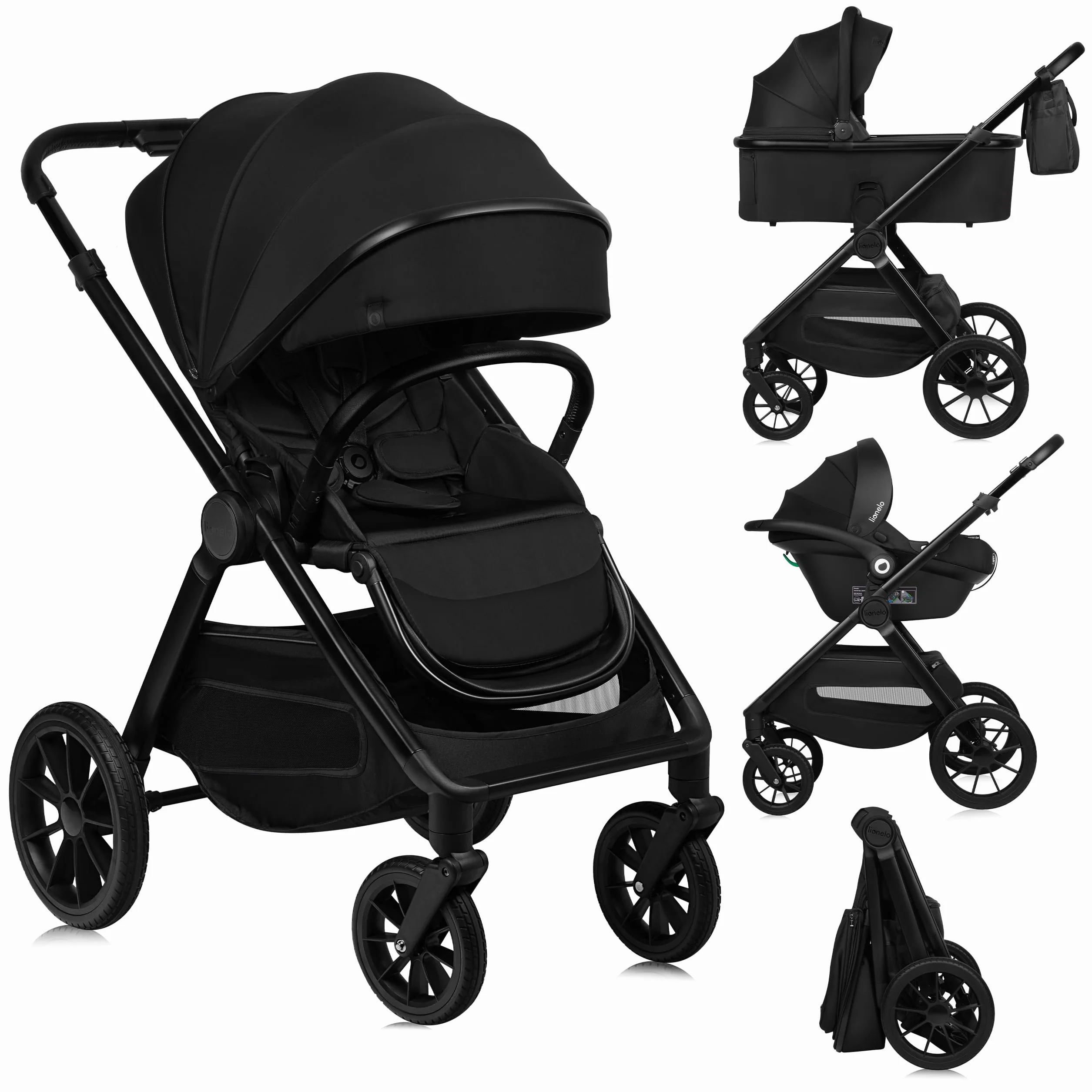 LIONELO LAYLA Wózek dziecięcy 3 w 1 0-48 miesięcy do 22 kg gondola do 9 kg, AiryDots, obracane koła PU o 360°, całkowita amortyzacja Booth XXL (BLACK ONYX)