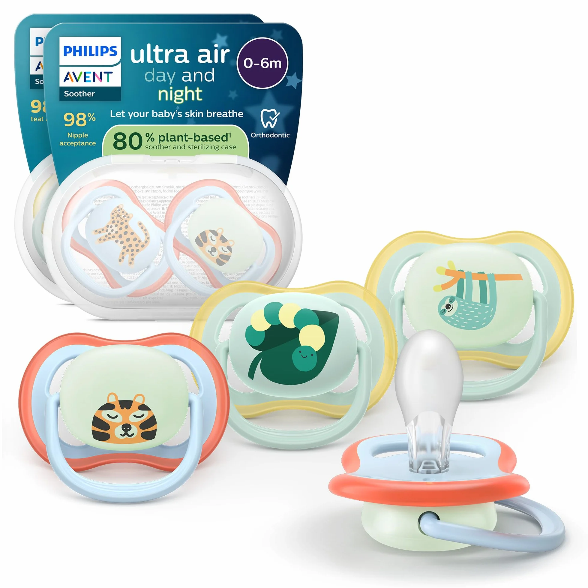 Philips Avent Ultra Air Day & Night Smoczki — ortodontyczny smoczek dla dzieci w wieku 0–6 miesięcy, wersja świecąca w ciemności, symetryczna miękka silikonowa końcówka, bez BPA, 4 sztuki, SCF087/22