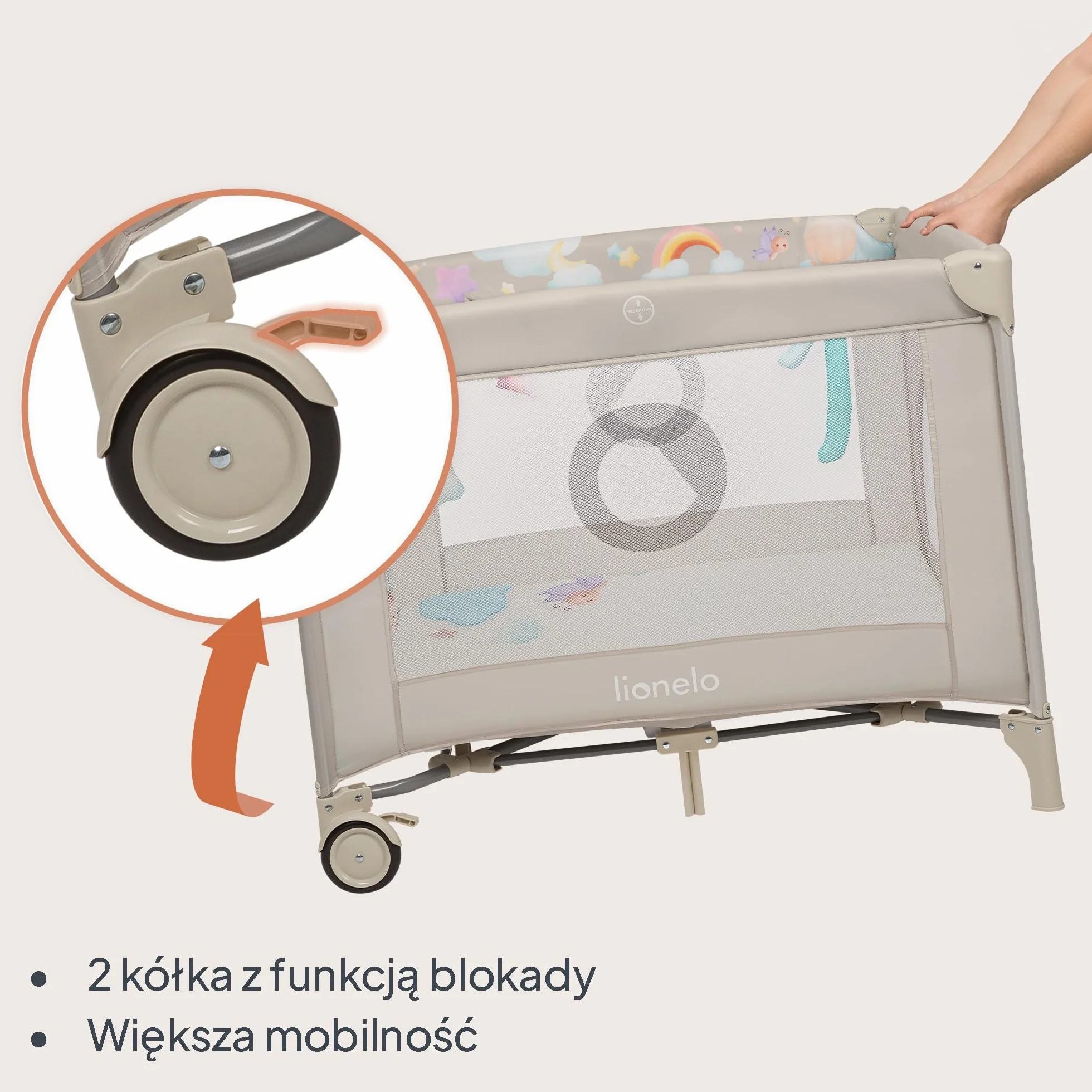 LIONELO Kojec dziecięcy 2 w 1 Łóżeczko Turystyczne Podróżne MILLE PLUS do 15 kg 0-36 miesięcy, Boczne Wejście, Materac 3D, 2 Koła z Hamulcem Łatwe Składanie, Torba Transportowa