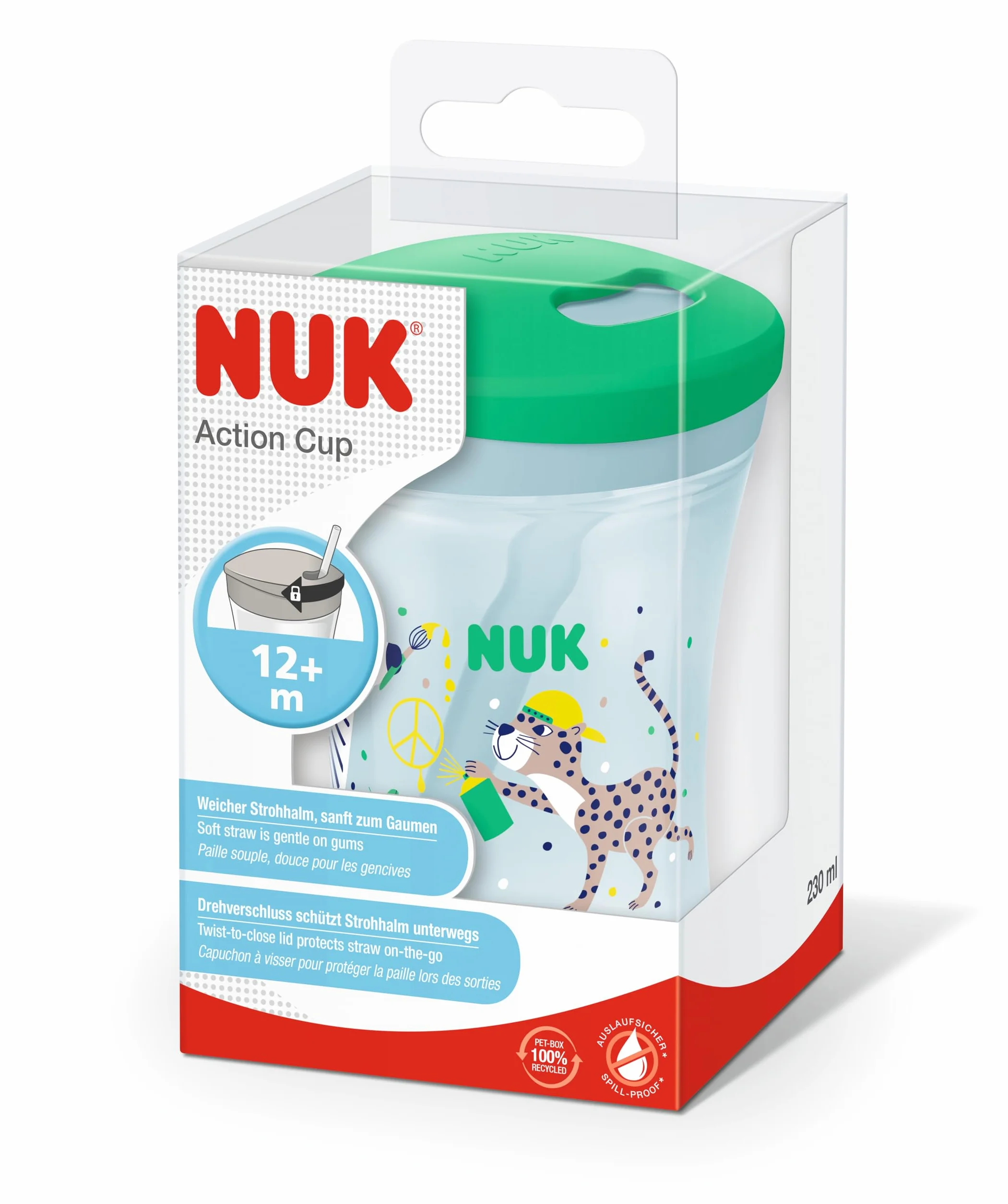 Kubek dla malucha NUK Action Cup | Od 12 miesiąca | Zakręcany, z miękką słomką | Szczelny | Nie zawiera BPA | 230 ml | Lampart (zielony)