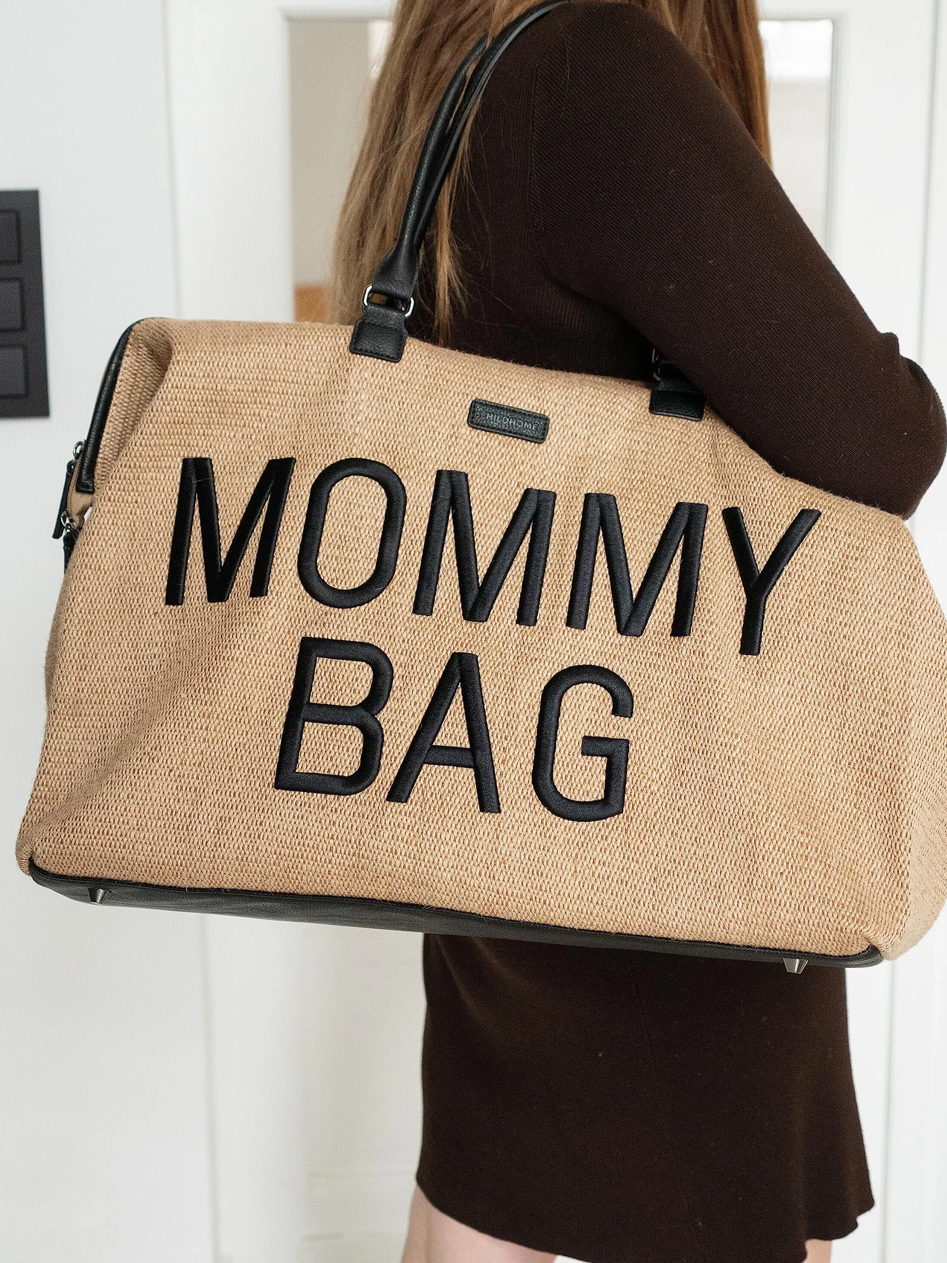 Childhome Mommy Bag torba do przewijania niemowląt o dużej pojemności z regulowanym paskiem na ramię, przegródka, izolowana kieszeń, rafia