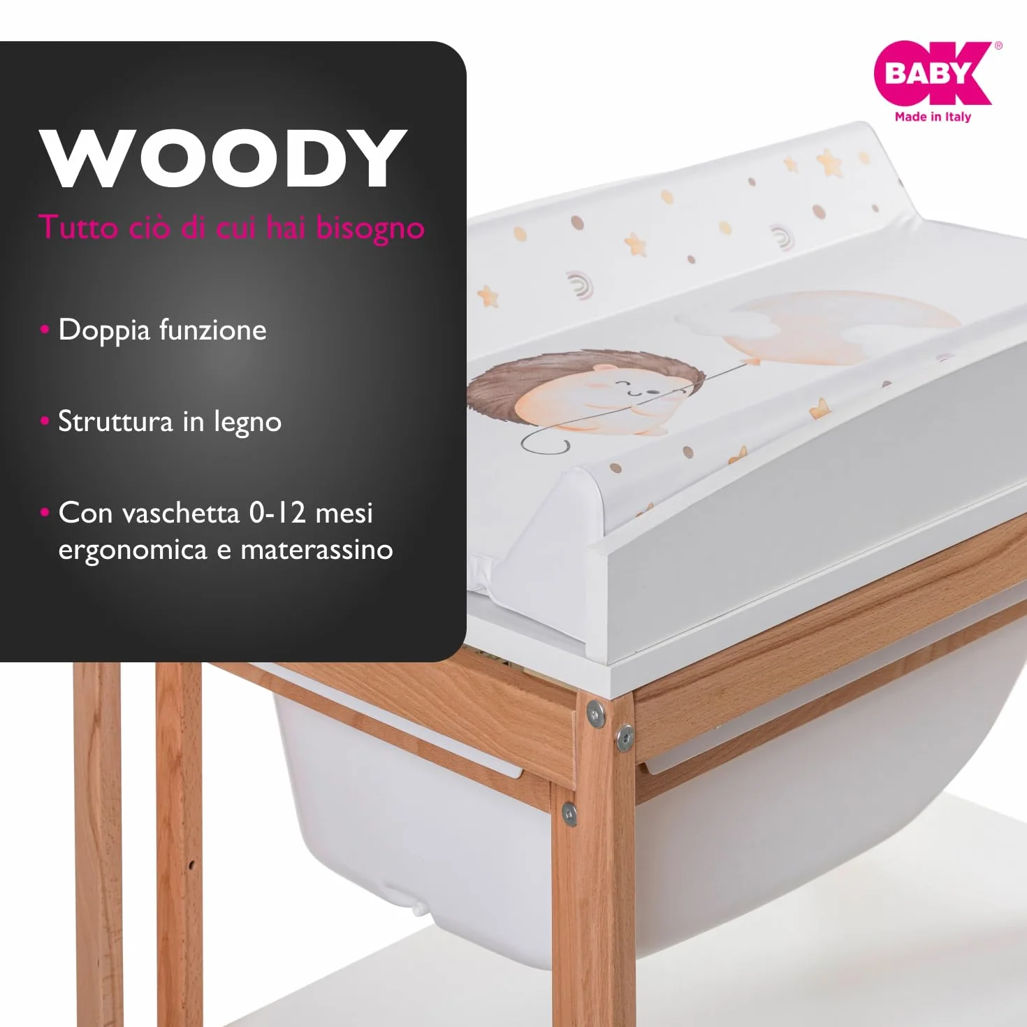 OKBABY Woody - Drewniany stół do przewijania z ergonomiczną wanną i kółkami, w komplecie z miękką matą do przewijania dla noworodków - 0-12 miesięcy (11 kg) - Biały