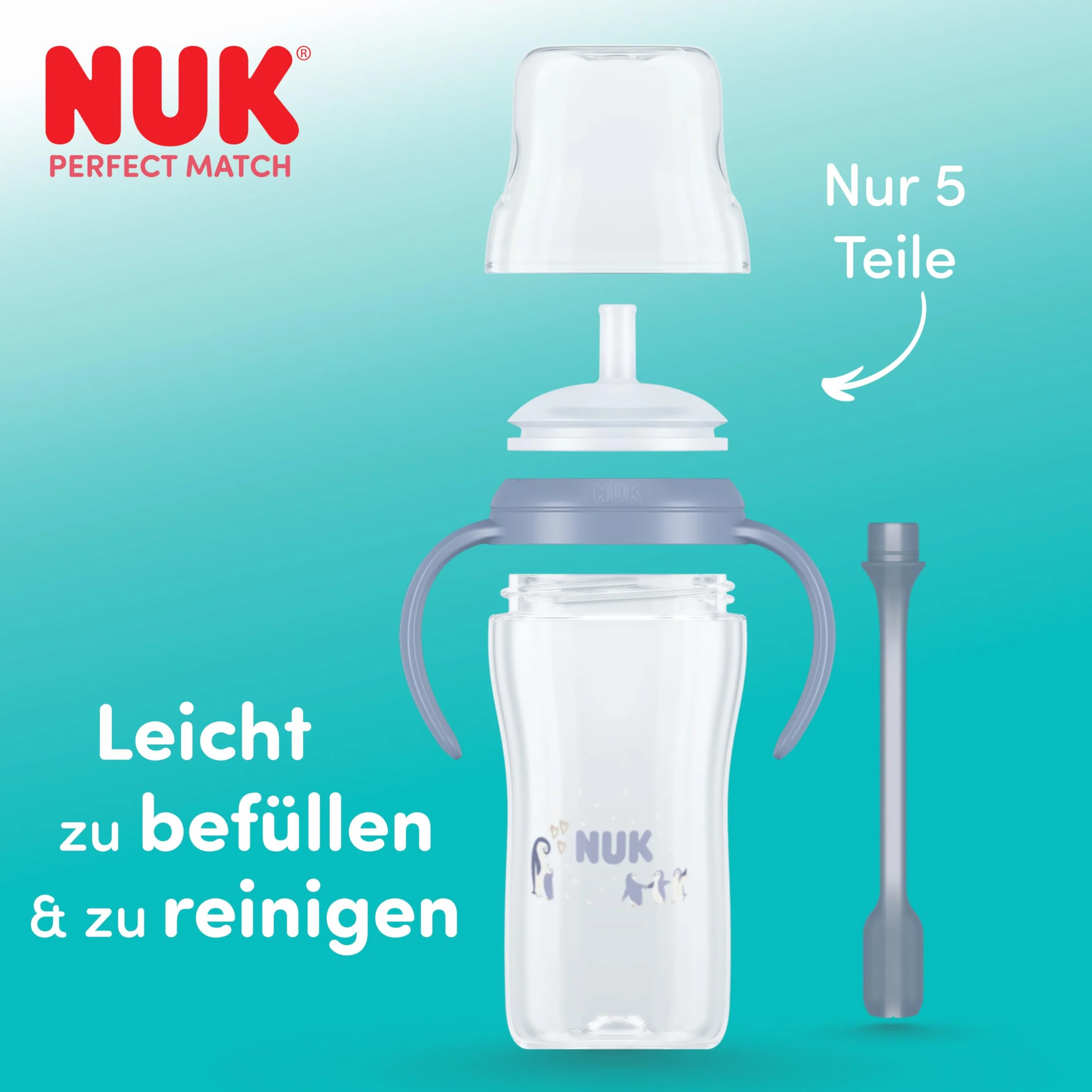 NUK Perfect Match Learner Butelka ze słomką | 8+ miesięcy | 150 ml | Nieprzeciekająca kubek ze słomką dla niemowląt | Antypoślizgowe uchwyty | Pingwin | 1 sztuka