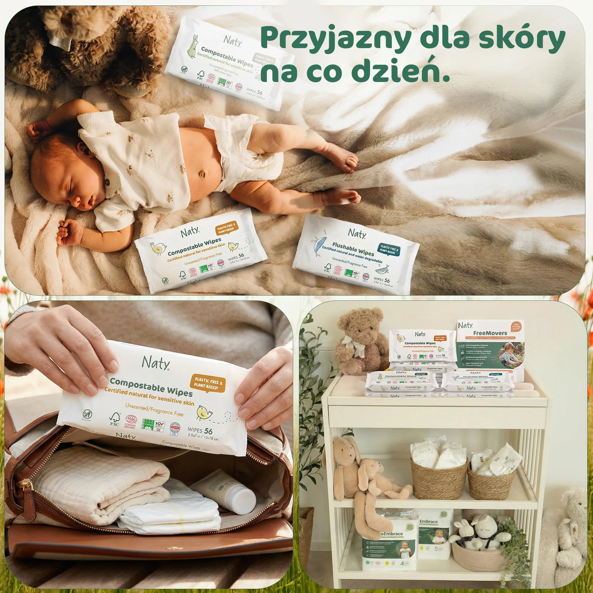 Naty Chusteczki dla Niemowląt | 98% Wody, Hipoalergiczne & Naturalne dla Wrażliwej Skóry | Bez Zapachu, Roślinne | Noworodek & Małe Dziecko | 672 sztuk (12 op.)