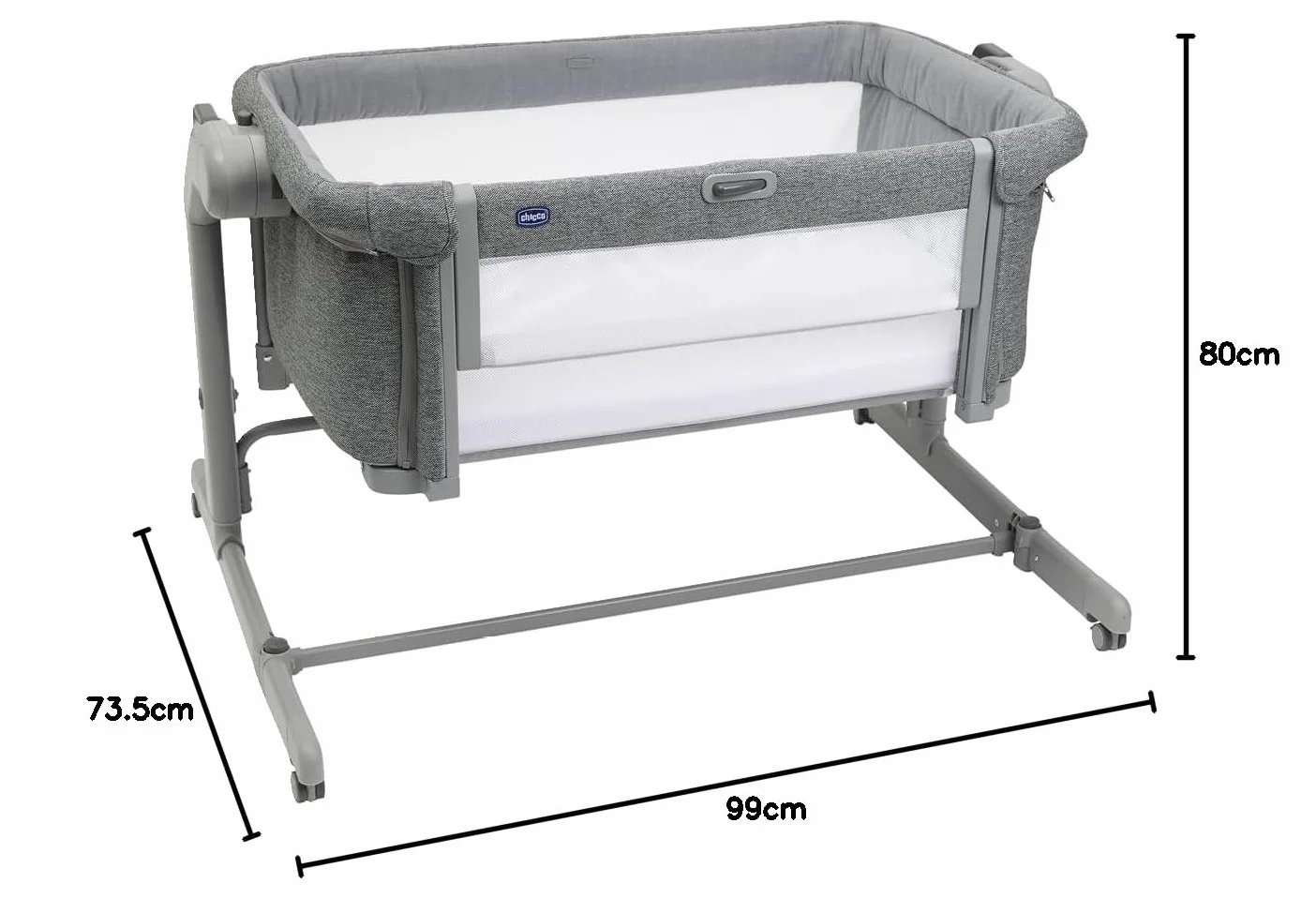 Chicco Next2Me Magic Evo Łóżko boczne łóżeczka dziecięcego z trybem huśtania, odchylanym oparciem, 11 poziomami wysokości, regulowaną wysokością, 4 kółkami, z materacem i torbą podróżną, ciemnoszary